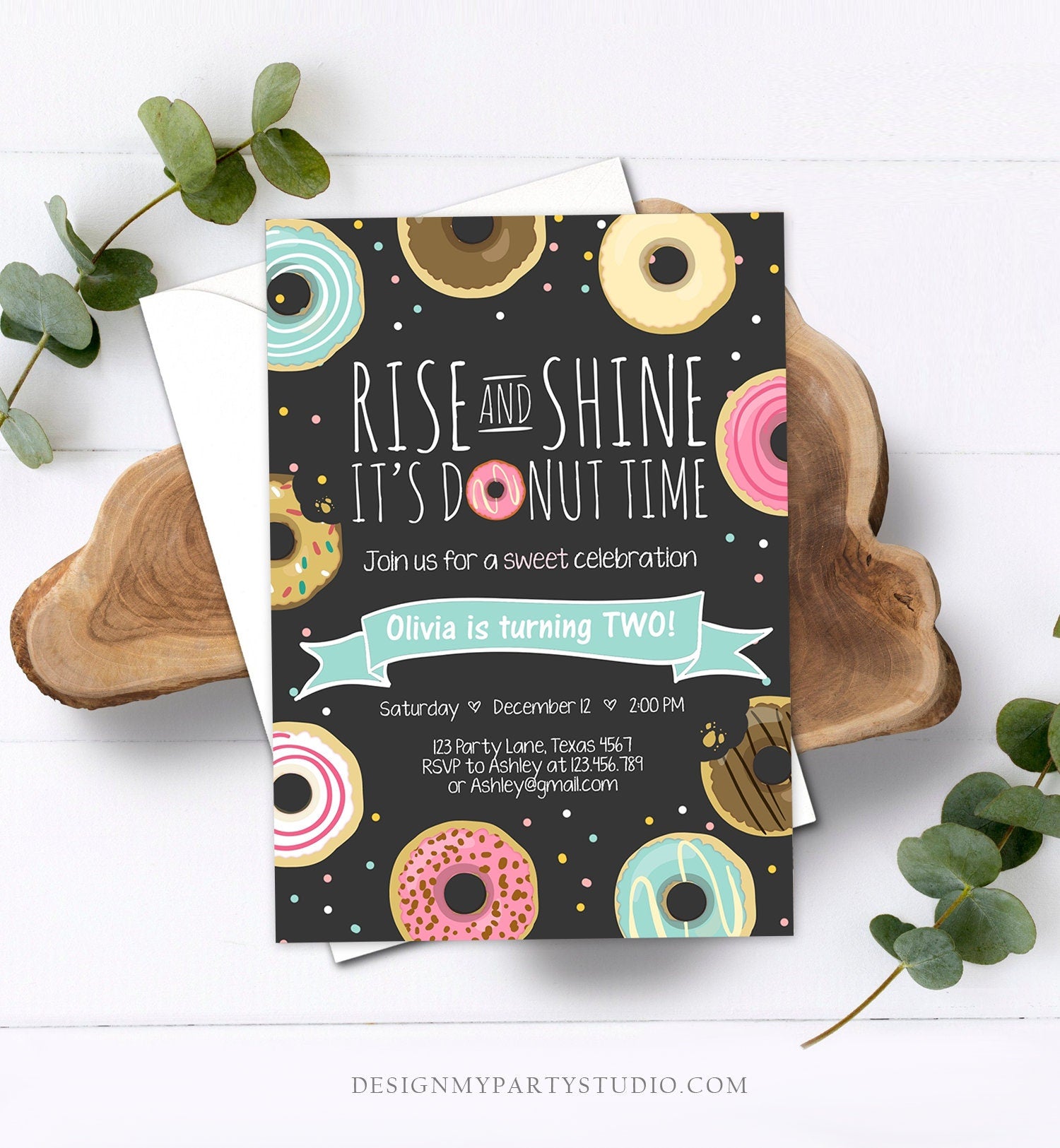 Editable Rise and Shine Donut Time Birthday Invitation ANY AGE Sweet Girl Birthday Party Pink Doughnut Digital Corjl Template Printable 0050
