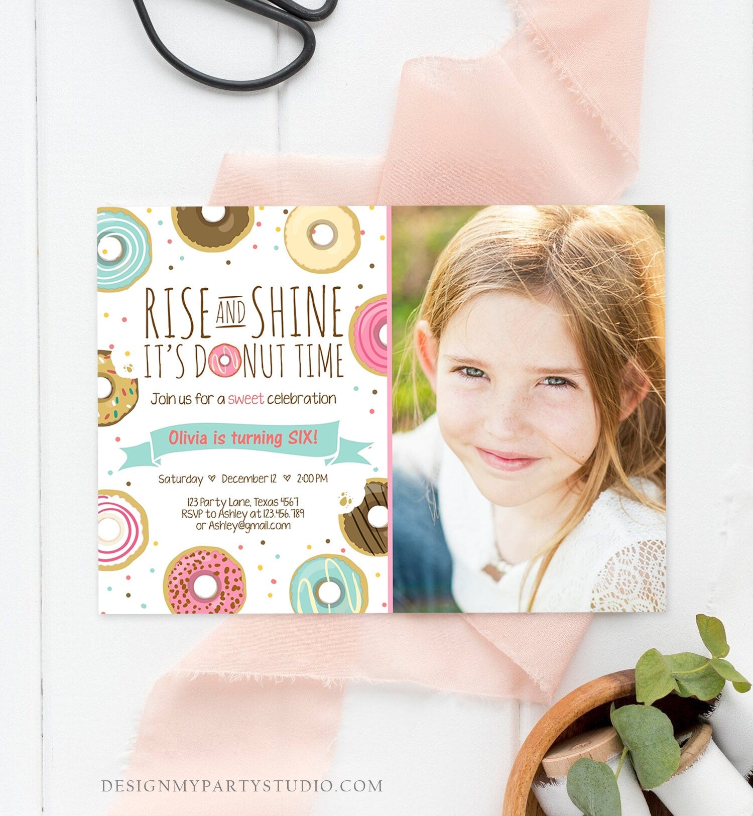 Editable Rise and Shine Donut Time Birthday Invitation ANY AGE Sweet Girl Birthday Party Pink Doughnut Digital Corjl Template Printable 0050