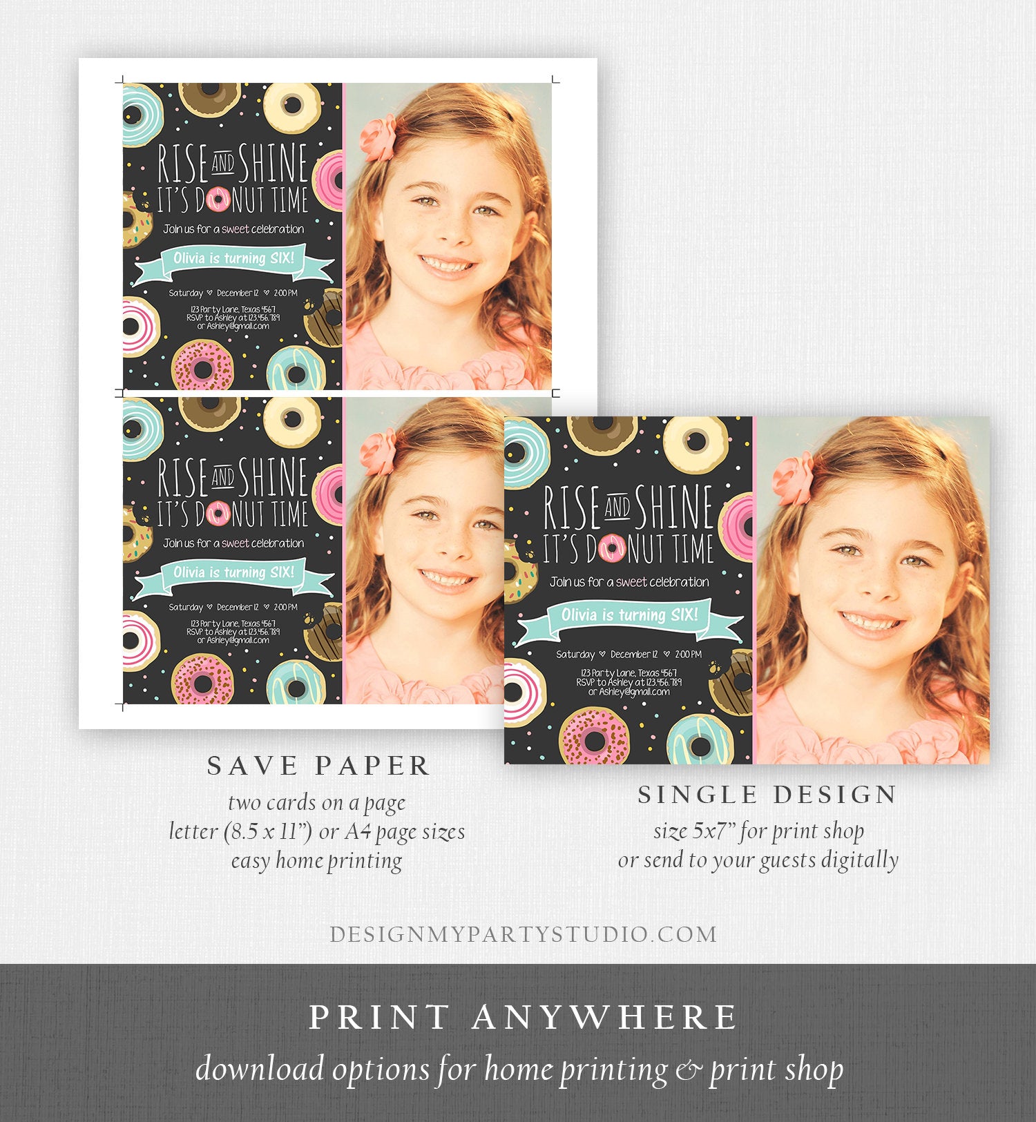 Editable Rise and Shine Donut Time Birthday Invitation ANY AGE Sweet Girl Birthday Party Pink Doughnut Digital Corjl Template Printable 0050