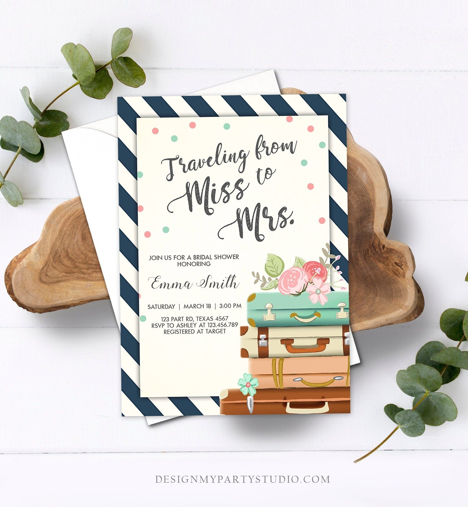 Editable Bridal Shower Invitation Miss to Mrs Travel World Map Suitcase Vintage Adventure Download Printable Template Corjl Digital 0044