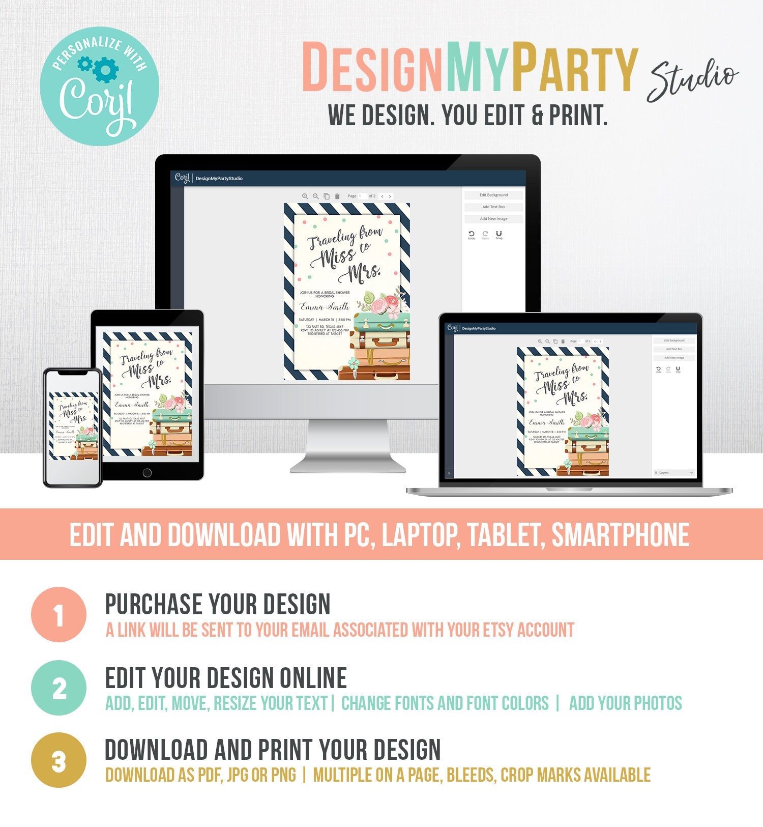 Editable Bridal Shower Invitation Miss to Mrs Travel World Map Suitcase Vintage Adventure Download Printable Template Corjl Digital 0044