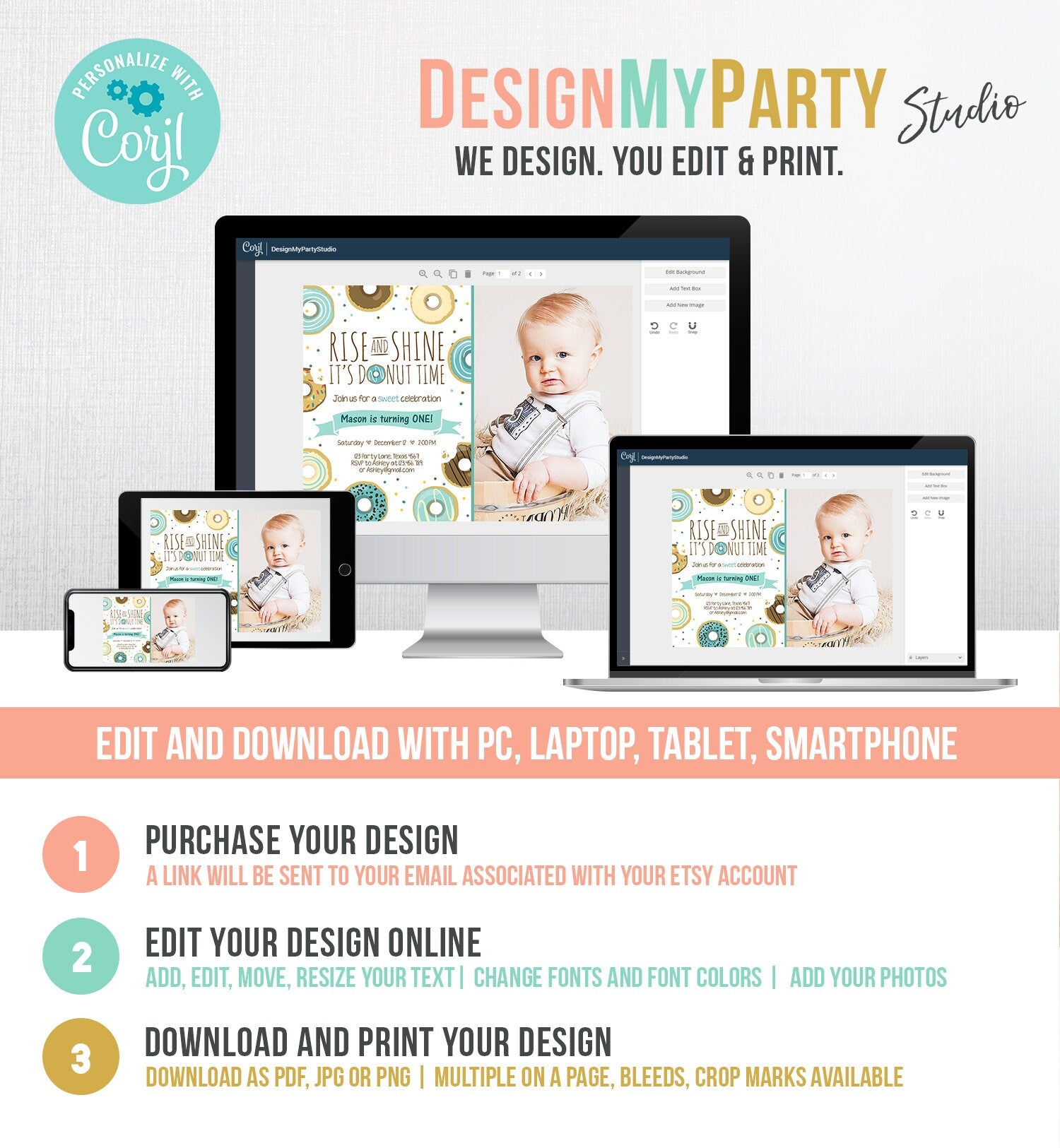 Editable Rise and Shine Donut Time Birthday Invitation ANY AGE Sweet Boy Birthday Party Blue Doughnut Digital Corjl Template Printable 0050