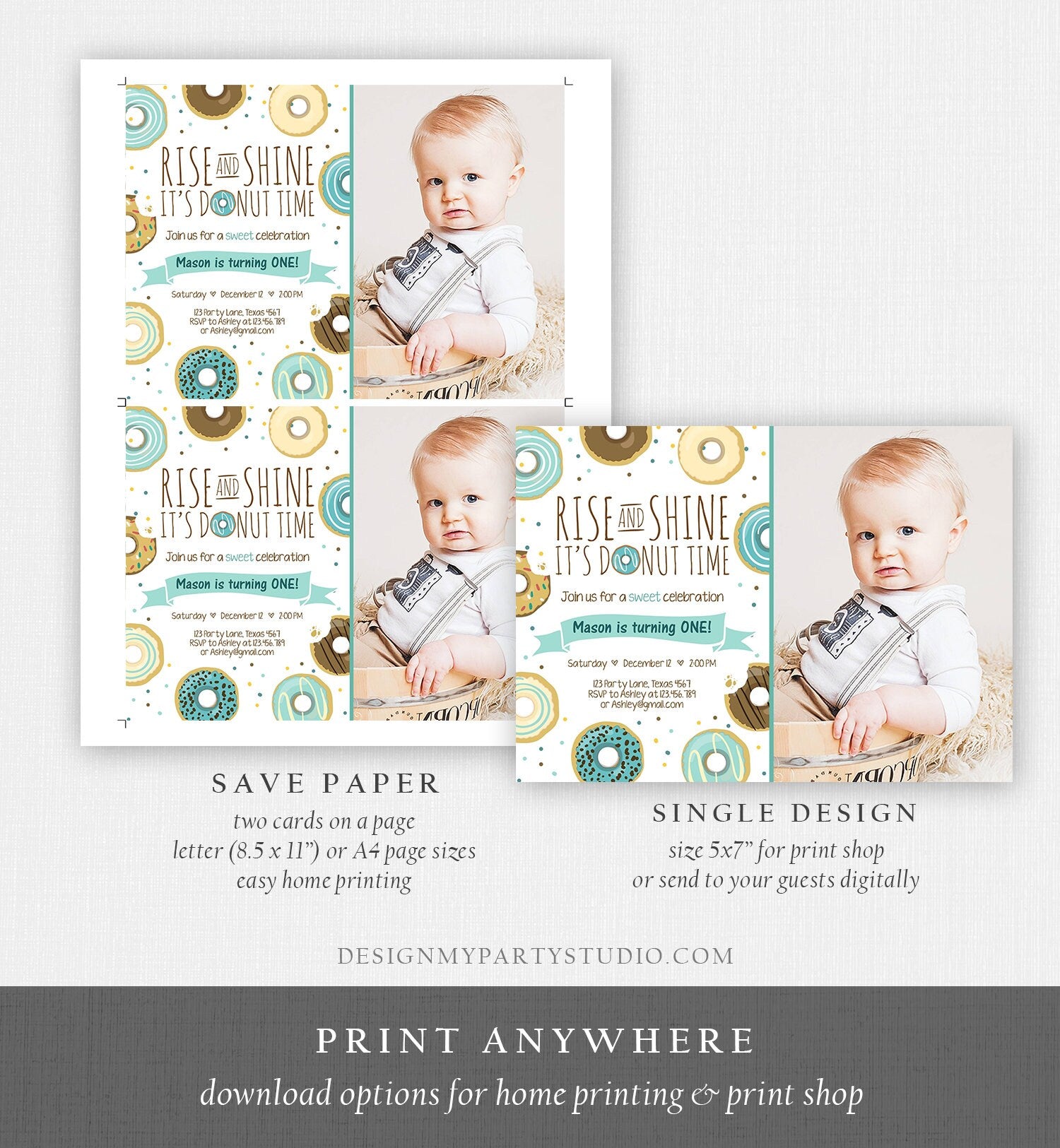 Editable Rise and Shine Donut Time Birthday Invitation ANY AGE Sweet Boy Birthday Party Blue Doughnut Digital Corjl Template Printable 0050