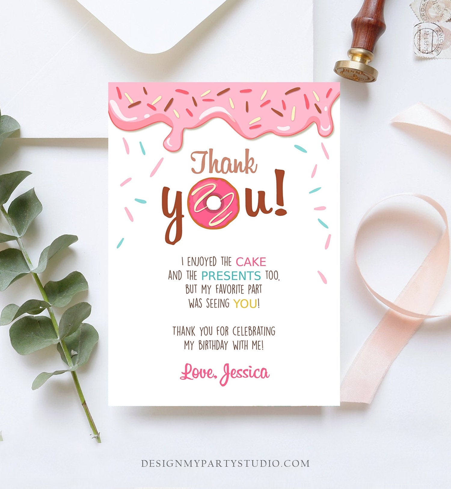 Editable Donut Thank You Card Note Pink Girl Birthday Party Doughnut Thank You Photo Sweet First Birthday 1st Corjl Template Printable 0050