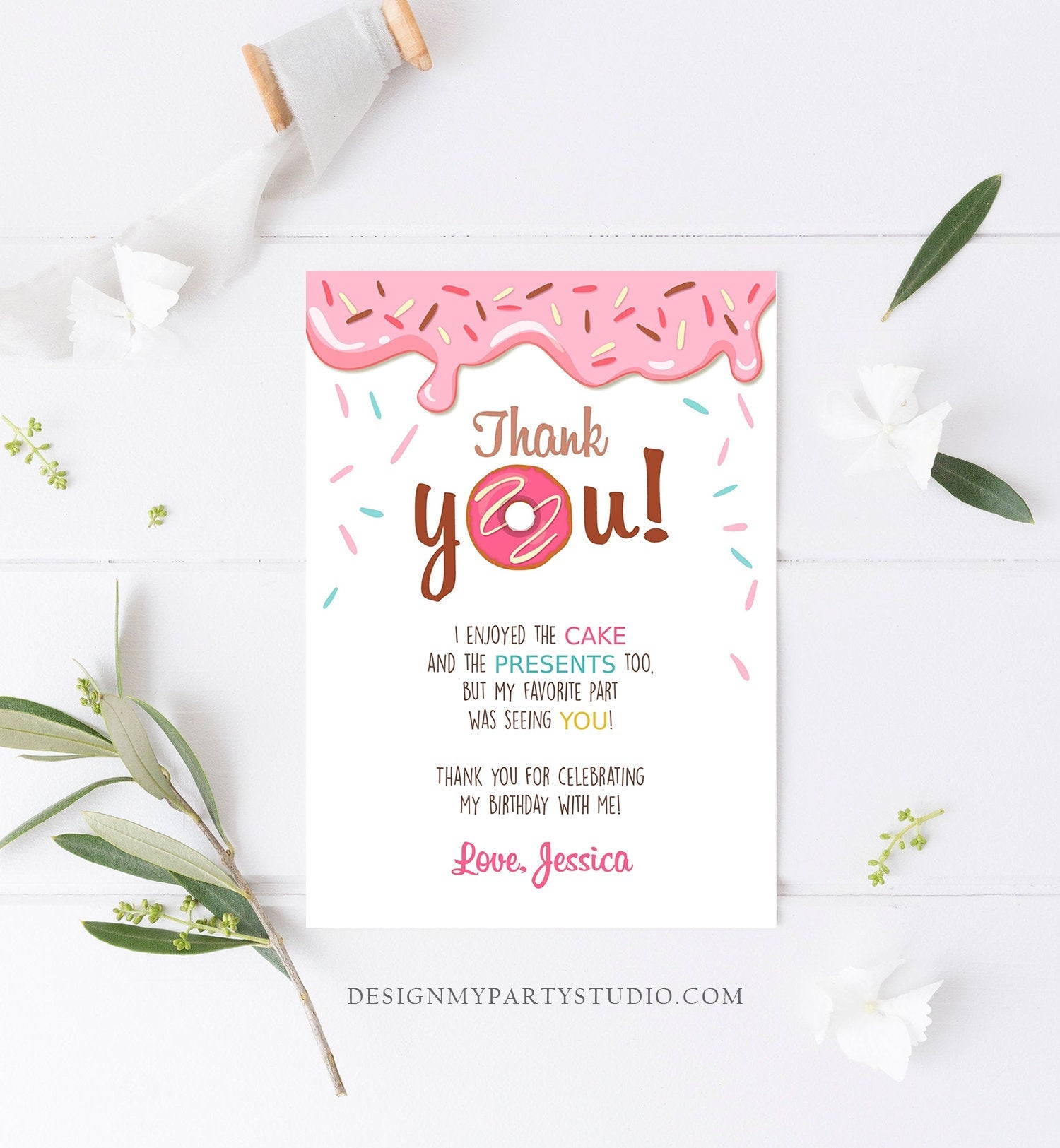 Editable Donut Thank You Card Note Pink Girl Birthday Party Doughnut Thank You Photo Sweet First Birthday 1st Corjl Template Printable 0050