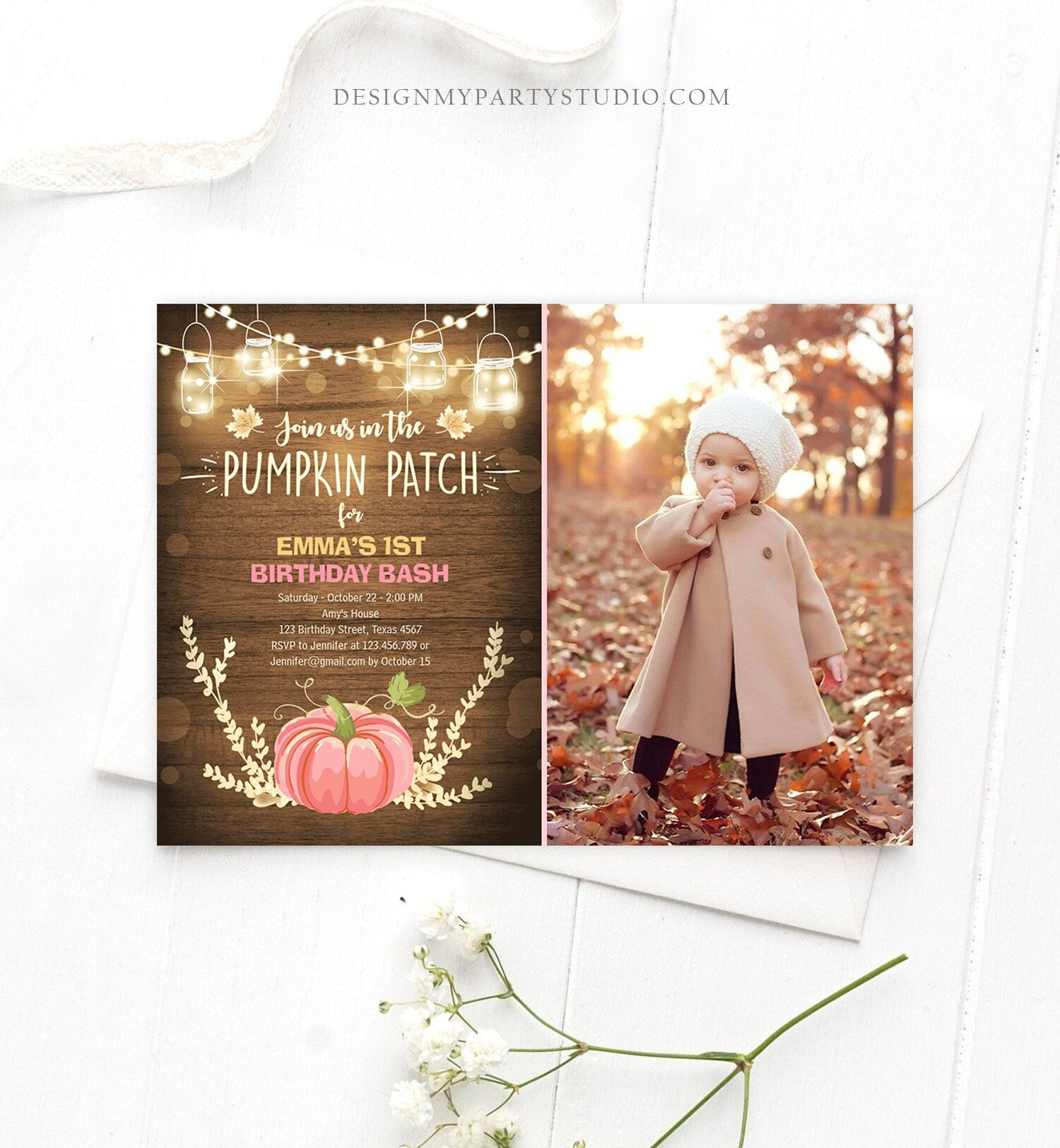 Editable Little Pumpkin Birthday Invitation Pink Pumpkin Patch Autumn Fall Rustic Girl 1st First Birthday Corjl Invitation Printable 0015