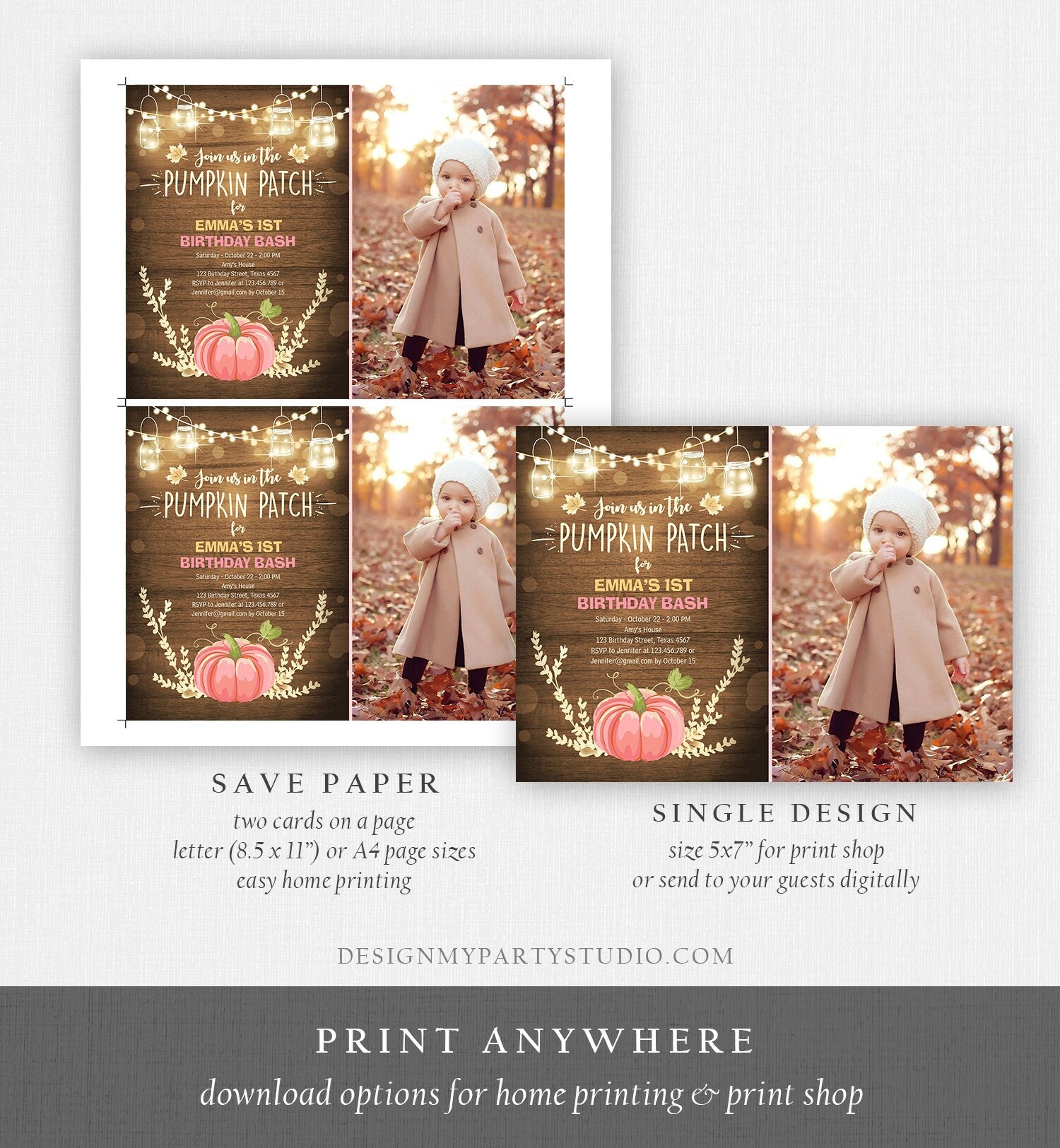 Editable Little Pumpkin Birthday Invitation Pink Pumpkin Patch Autumn Fall Rustic Girl 1st First Birthday Corjl Invitation Printable 0015