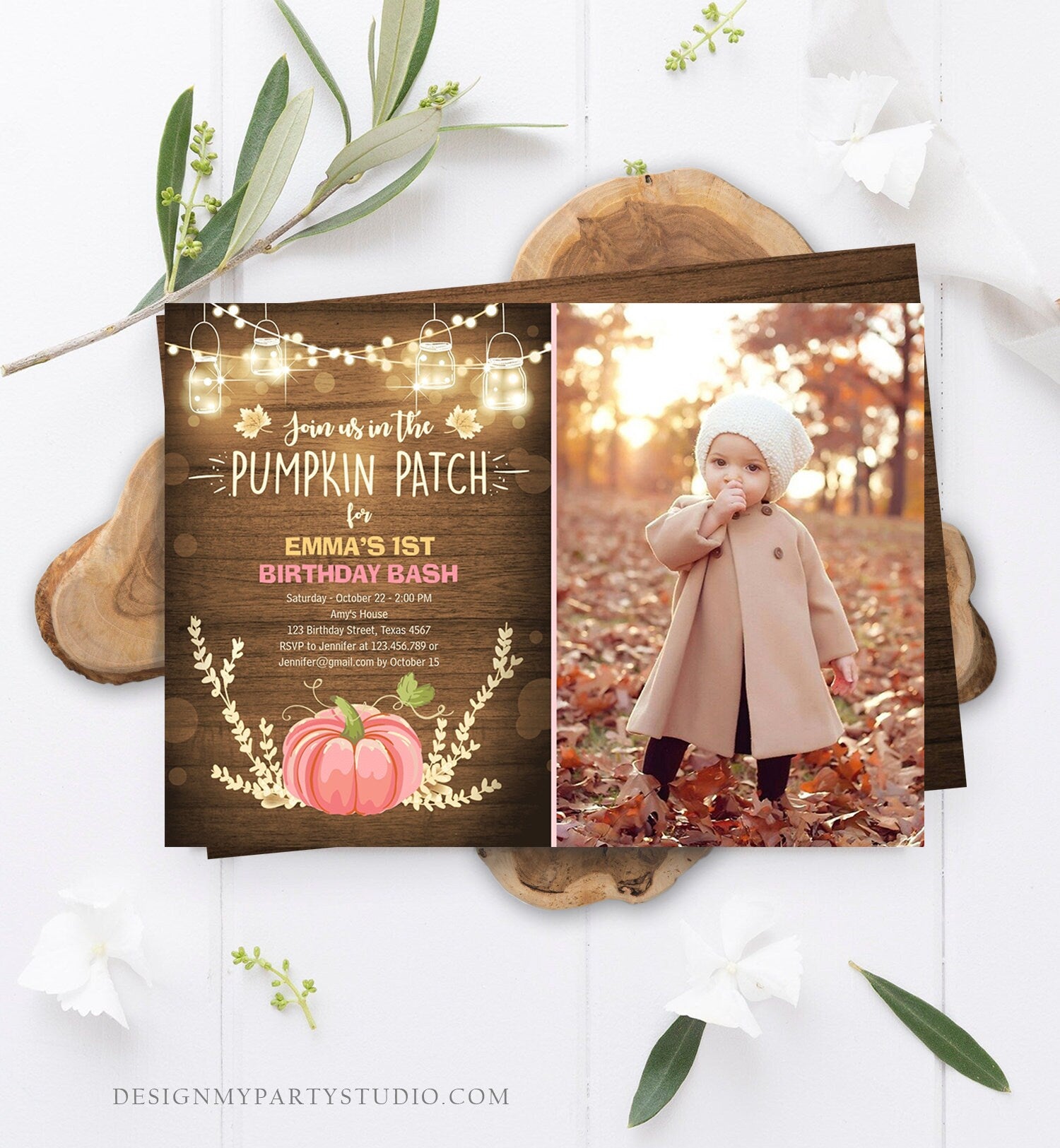 Editable Little Pumpkin Birthday Invitation Pink Pumpkin Patch Autumn Fall Rustic Girl 1st First Birthday Corjl Invitation Printable 0015