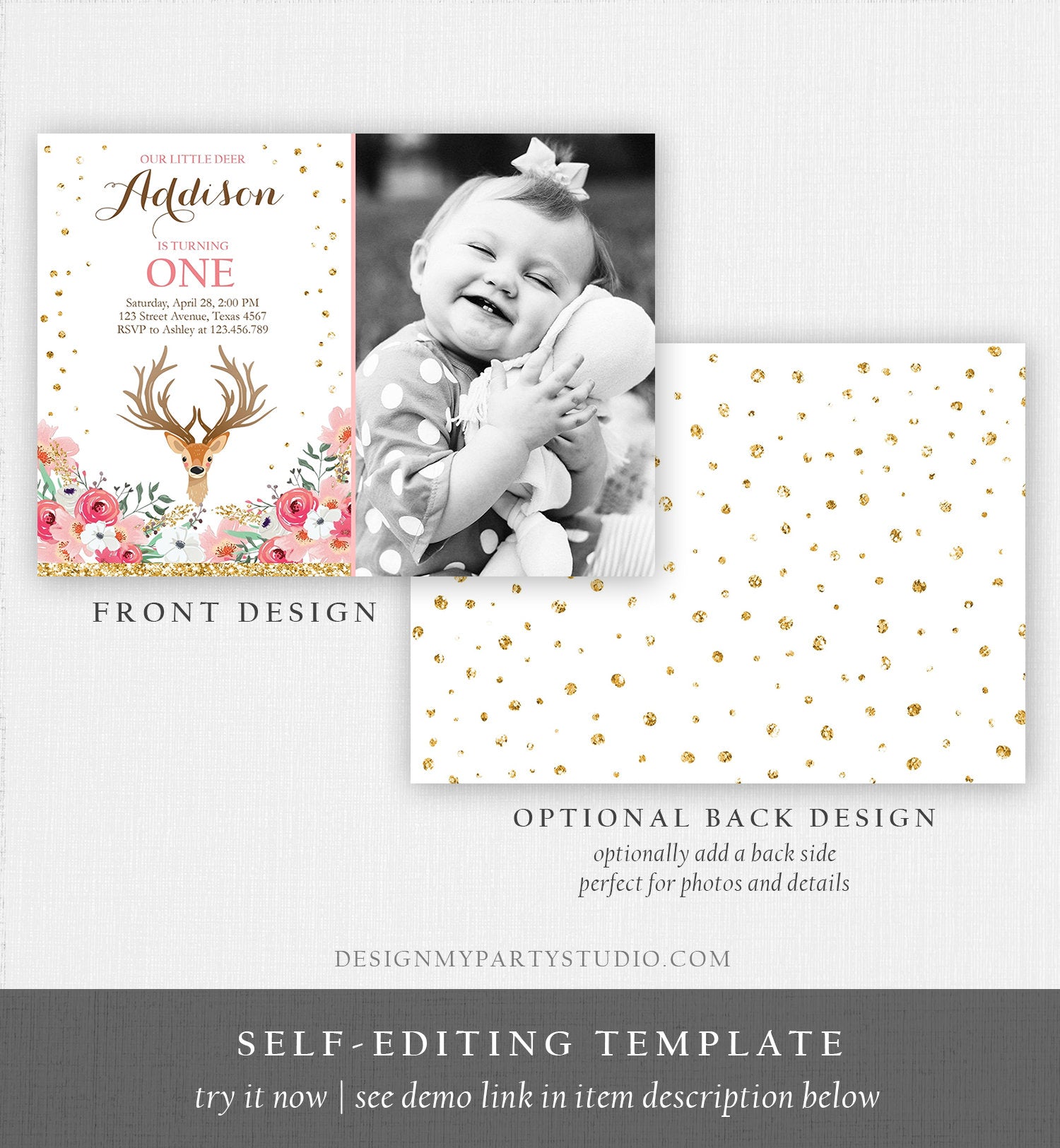 Editable Our Little Deer Birthday Invitation Pink Gold Girl Birthday Floral Woodland Antlers Download Printable Template Corjl Digital 0060