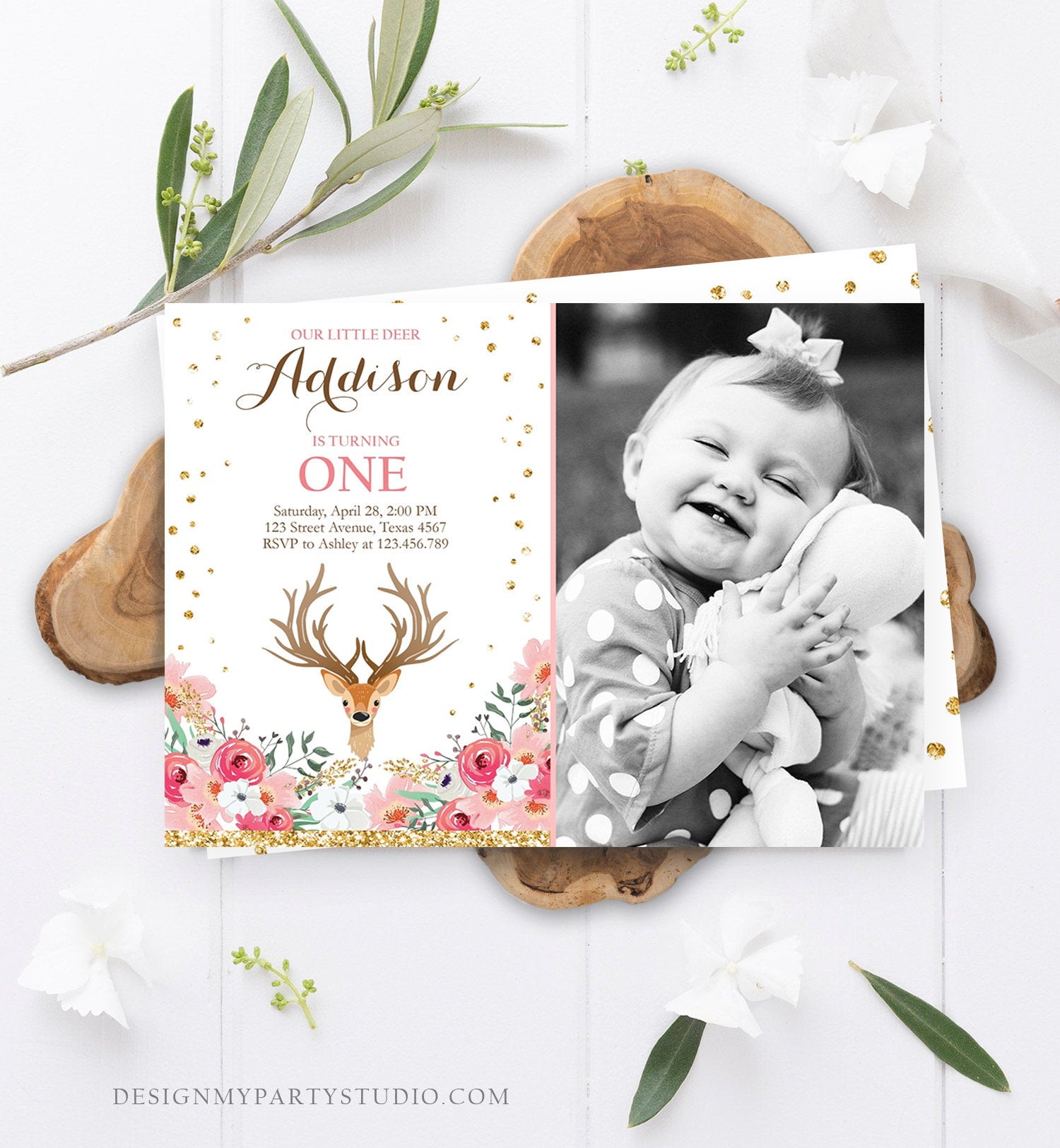 Editable Our Little Deer Birthday Invitation Pink Gold Girl Birthday Floral Woodland Antlers Download Printable Template Corjl Digital 0060