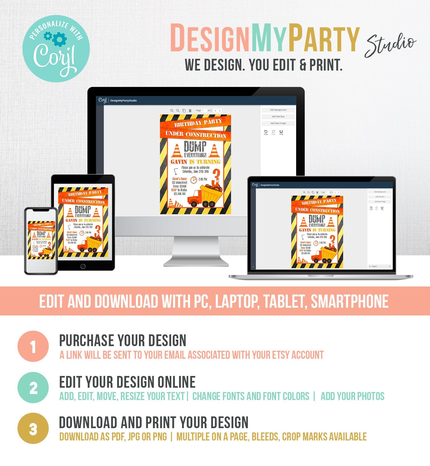 Editable Construction Birthday Invitation Dump Truck Invite Caution Boy Traffic Road Work Truck Dirt Printable Template Digital Corjl 0157