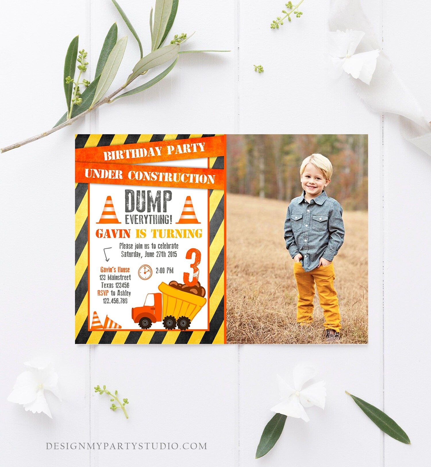 Editable Construction Birthday Invitation Dump Truck Invite Caution Boy Traffic Road Work Truck Dirt Printable Template Digital Corjl 0157