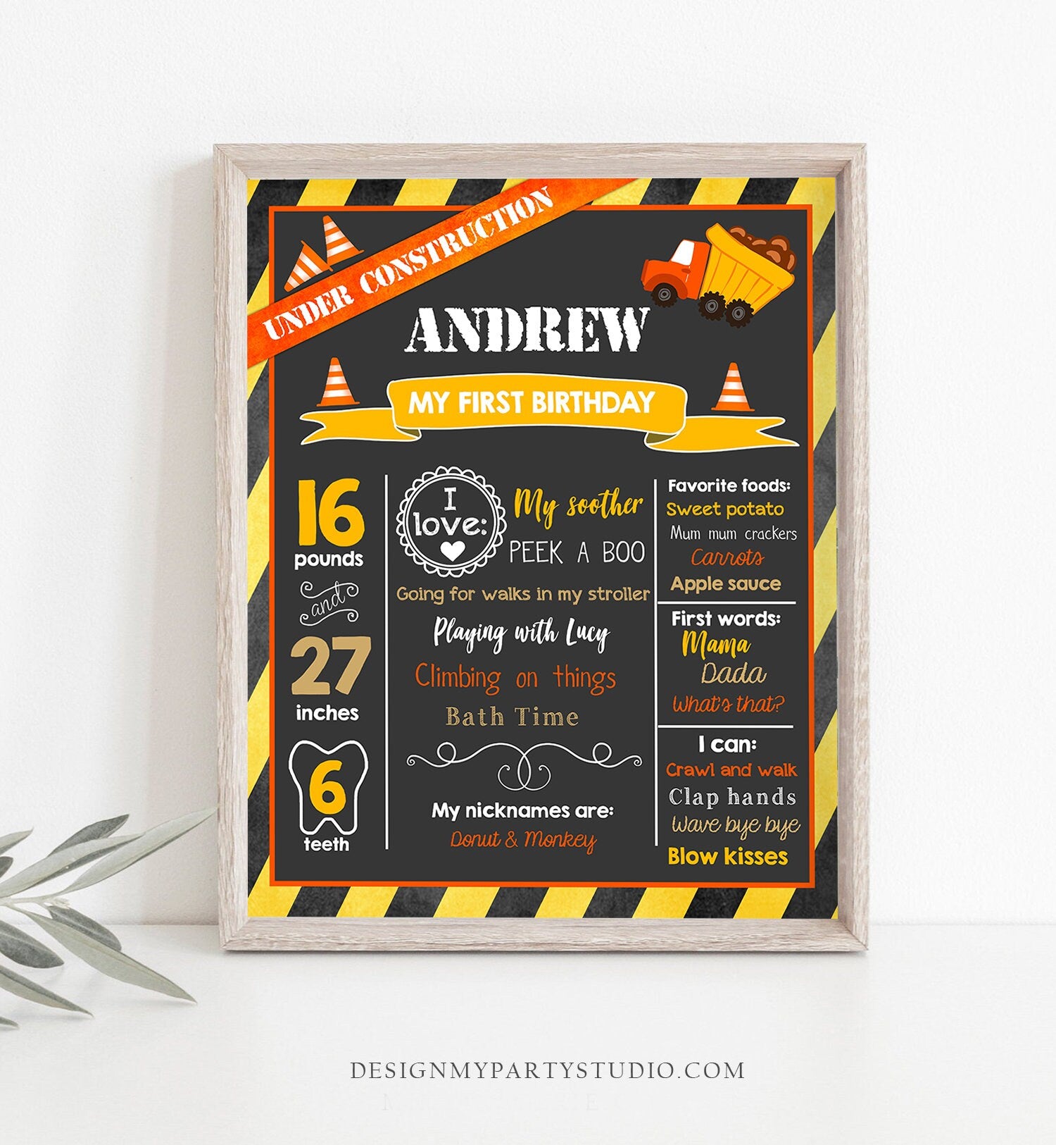 Editable Construction Birthday Milestones Sign Poster First Birthday 1st Yellow Dump Truck Caution Boy Birthday Template Corjl 0157