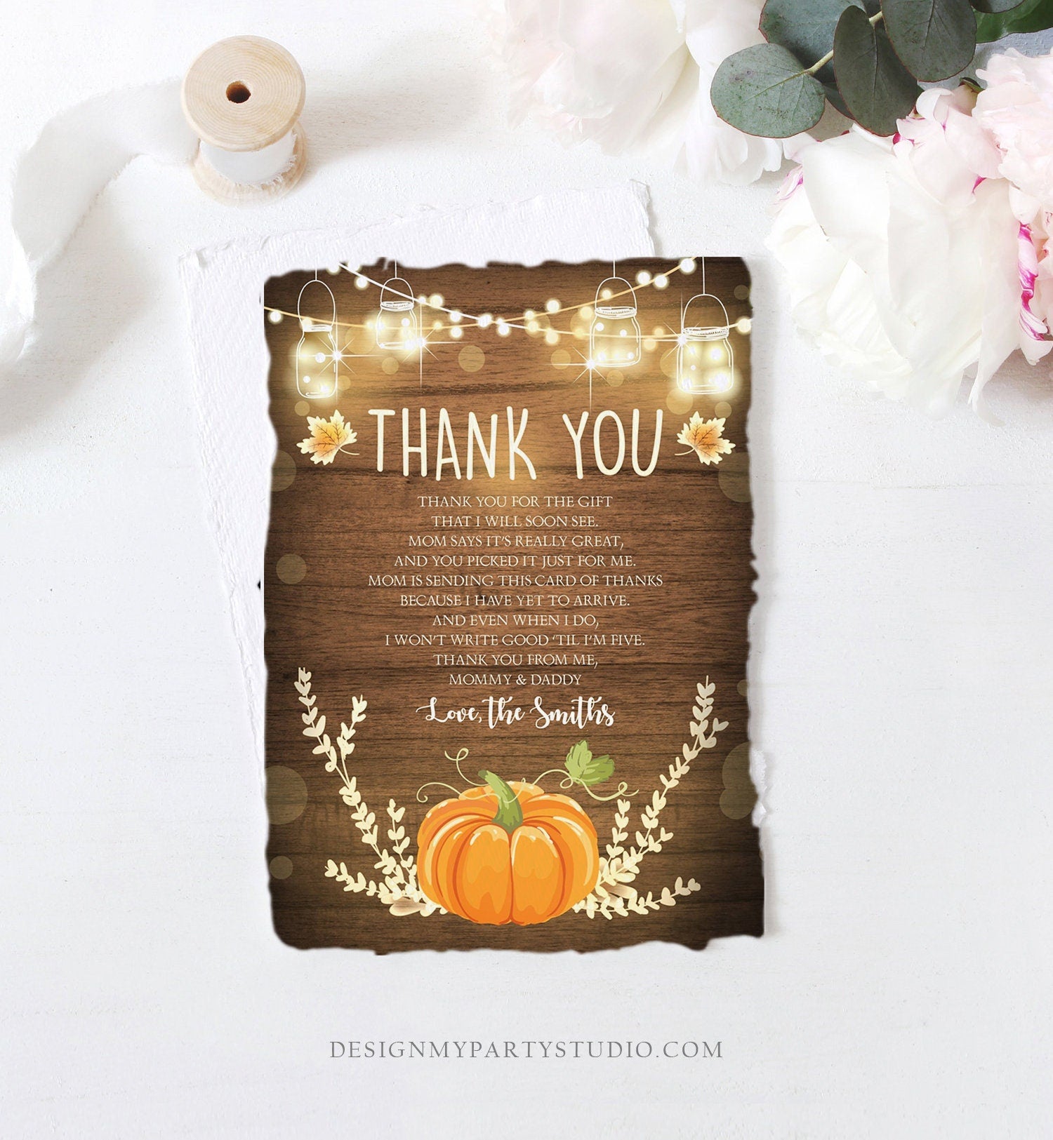 Editable Pumpkin Thank You Card Birthday Baby Shower Thank You Note Rustic Fall Autumn Little Pumpkin Sprinkle Corjl Template Printable 0015