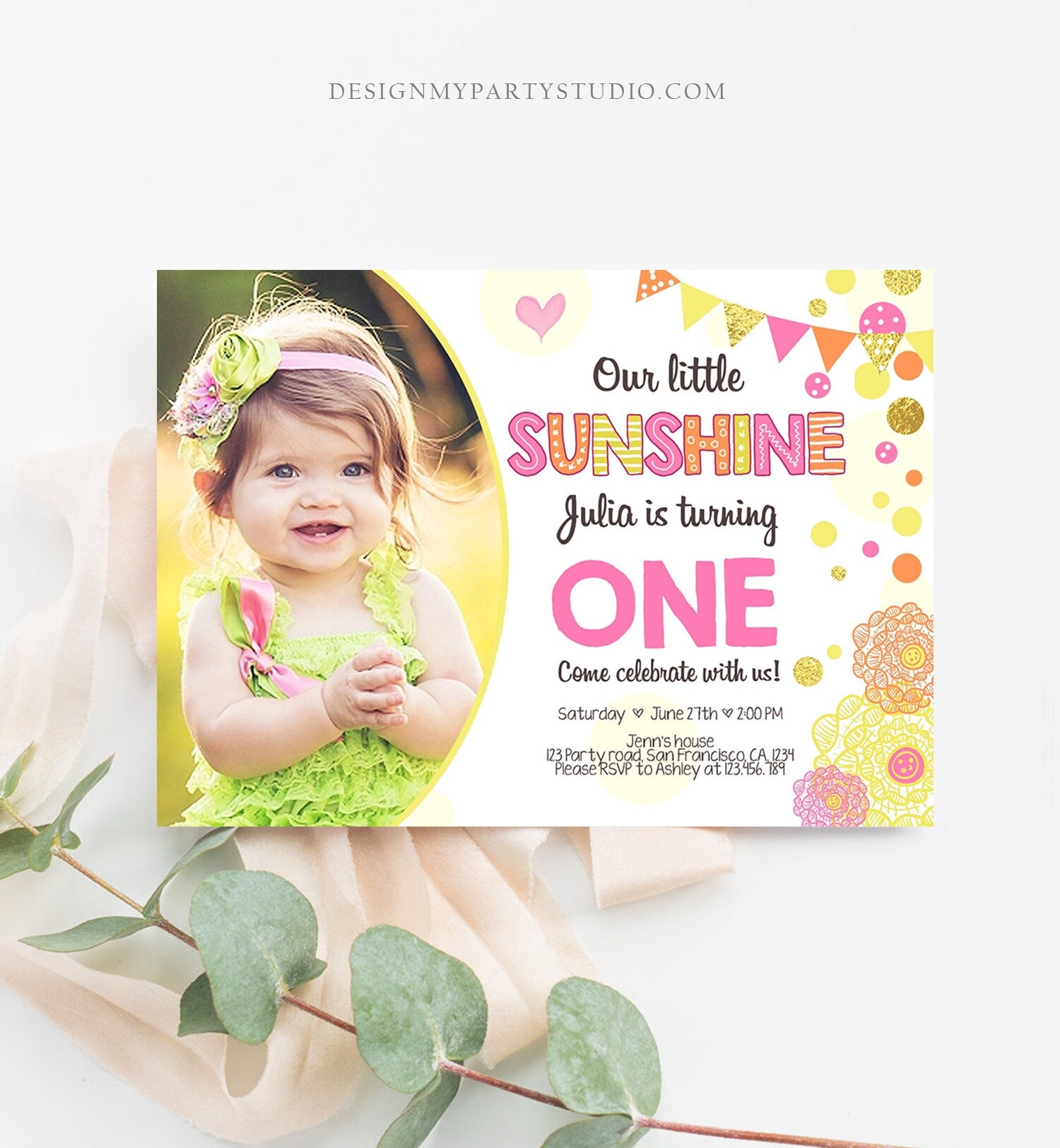 Editable Our Little Sunshine Birthday Invitation You Are My Sunshine First Birthday 1st Party Yellow Pink Girl Download Corjl Template 0239