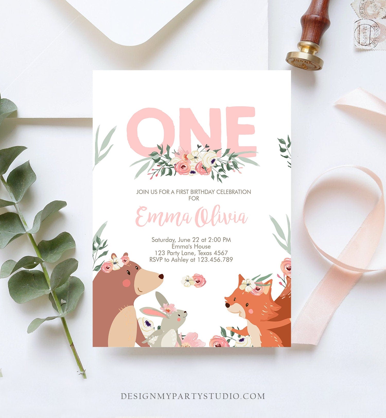 Editable Woodland Birthday Invitation Girl 1st Birthday Tribal Boho Floral Woodland Forest Animals Blush Pink Printable Template Corjl 0222