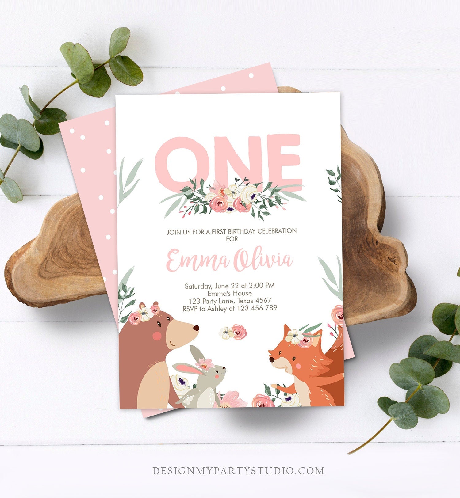 Editable Woodland Birthday Invitation Girl 1st Birthday Tribal Boho Floral Woodland Forest Animals Blush Pink Printable Template Corjl 0222
