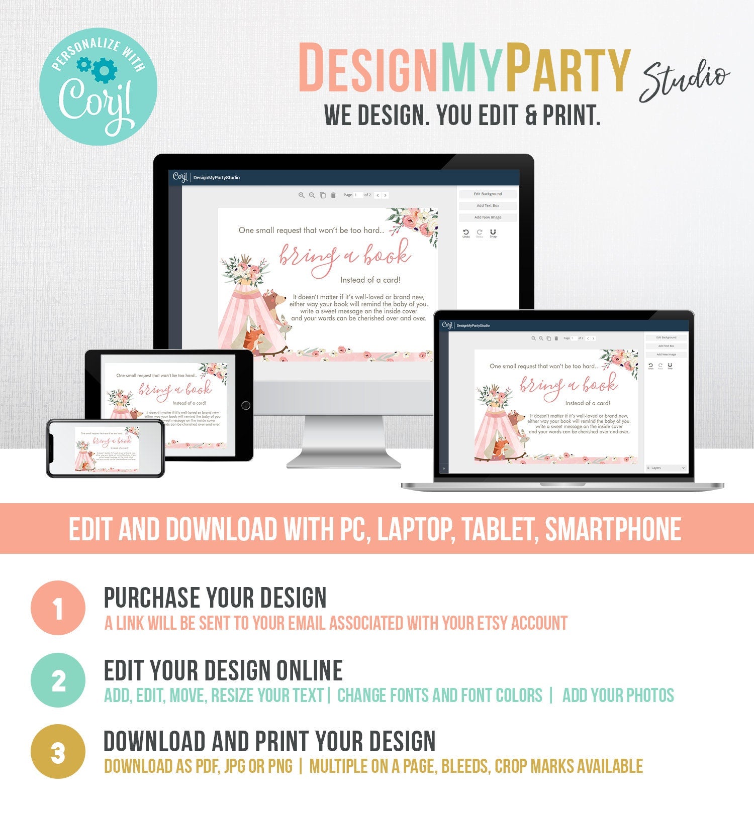 Editable Woodland Bring a Book Card Woodland Animals Baby Shower Pink Girl Teepee Boho Floral Insert Card Template PRINTABLE Corjl 0222