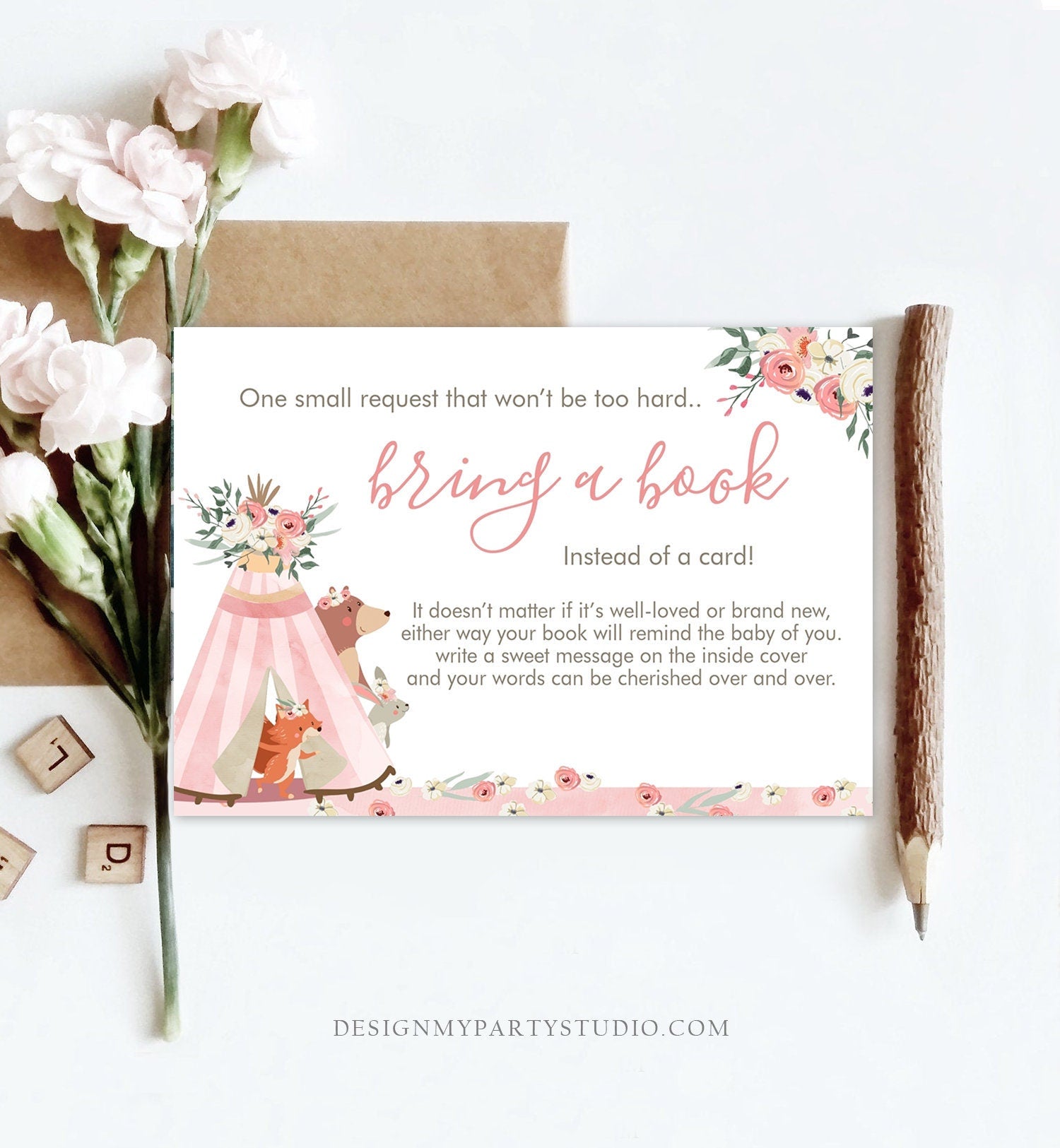 Editable Woodland Bring a Book Card Woodland Animals Baby Shower Pink Girl Teepee Boho Floral Insert Card Template PRINTABLE Corjl 0222