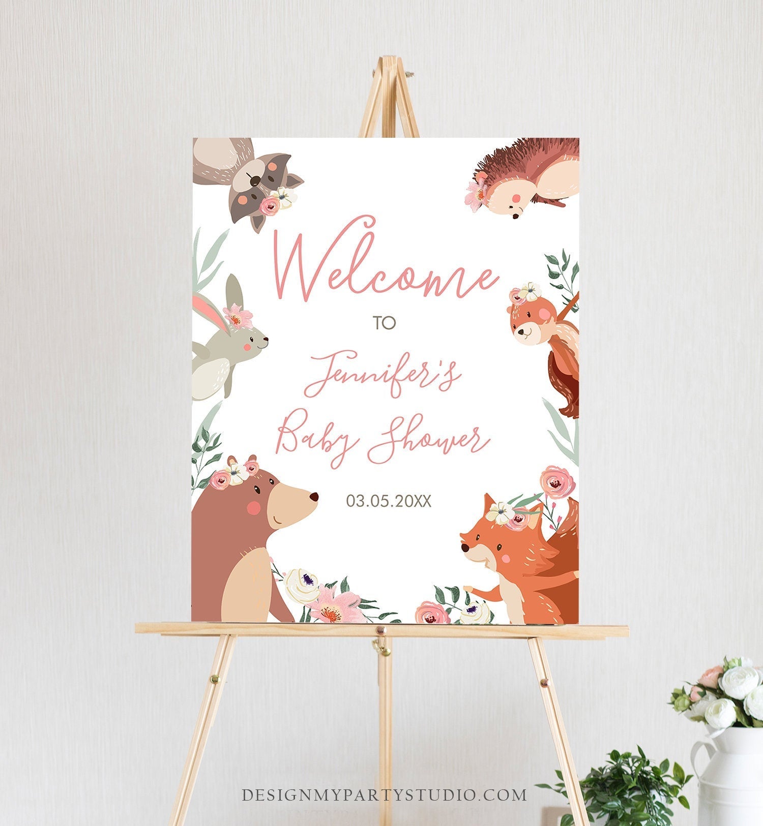 Editable Woodland Welcome Sign Woodland Baby Shower Welcome Girl Rustic Floral Boho Forest Animals Birthday Corjl Template PRINTABLE 0222