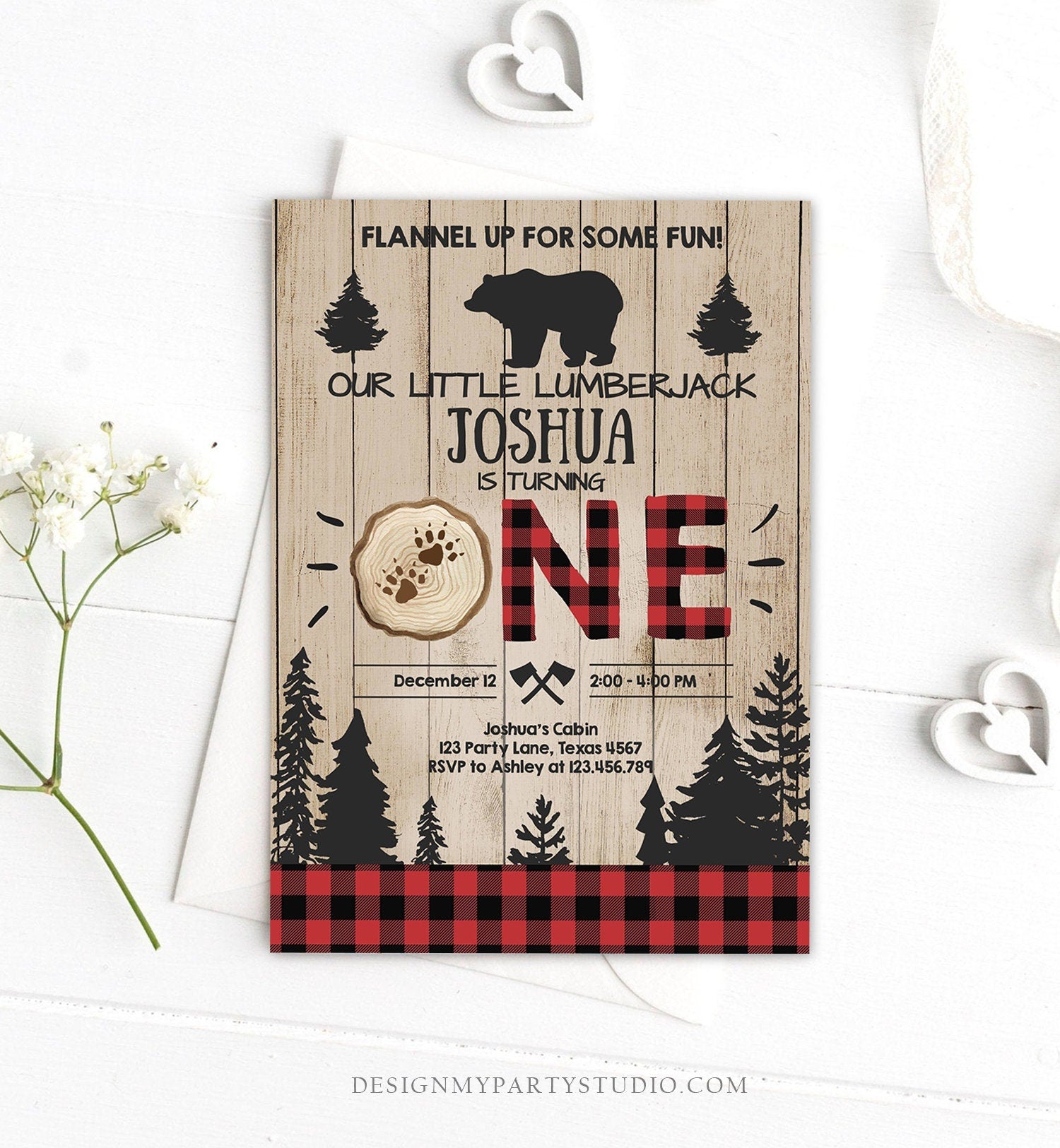 Editable Lumberjack Birthday Invitation Rustic Woodland First Birthday Bear Buffalo Plaid Forest Wilderness Printable Corjl Template 0191