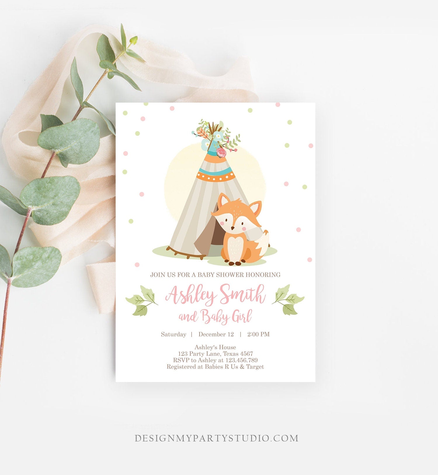 Editable Fox Baby Shower Invitation Woodland Teepee Boho Tribal Girl Baby Shower Blush Pink Download Printable Template Corjl Digital 0052