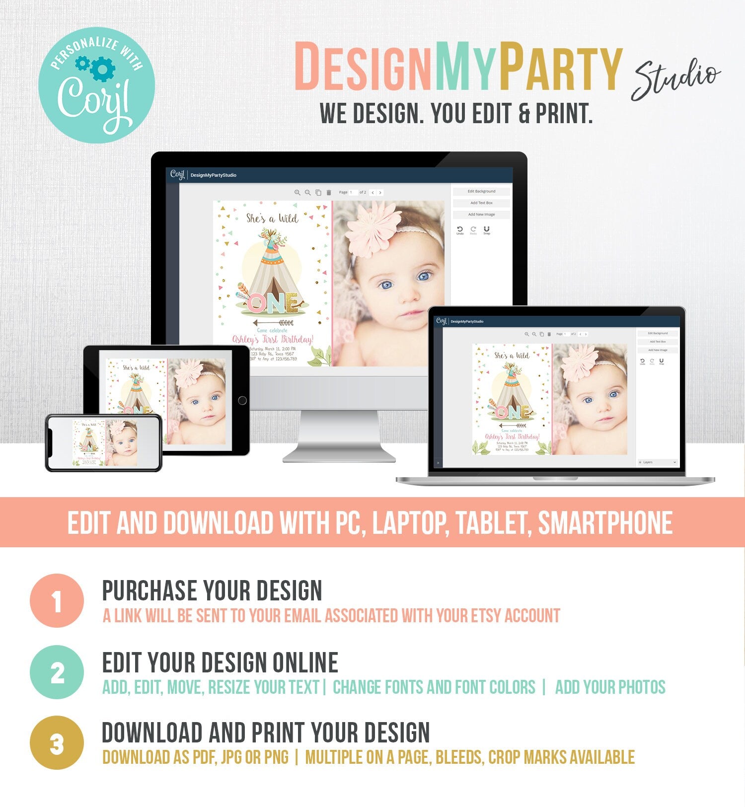 Editable Wild One Birthday Invitation Teepee Boho Tribal First Birthday Girl Pink Gold Teal Digital Download Printable Corjl Template 0092