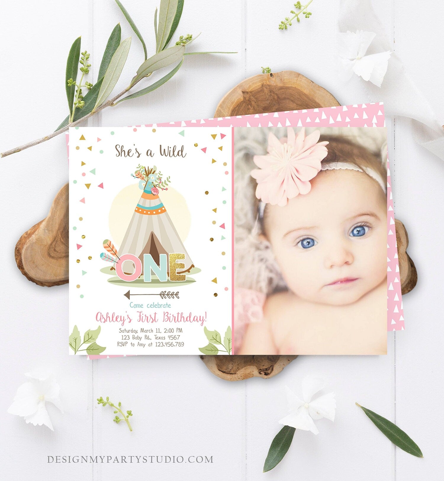 Editable Wild One Birthday Invitation Teepee Boho Tribal First Birthday Girl Pink Gold Teal Digital Download Printable Corjl Template 0092