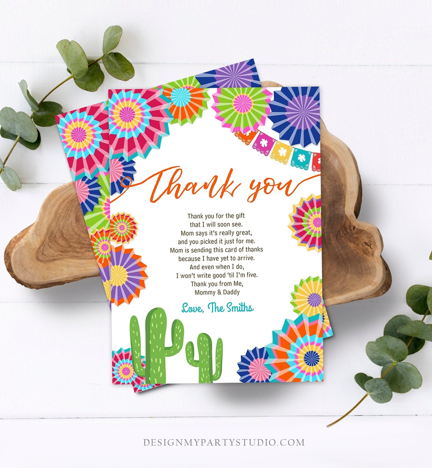 Editable Fiesta Baby Shower Thank You Card Insert Let's Fiesta Mexican Cactus Thank You Note Download Digital Corjl Template Printable 0236