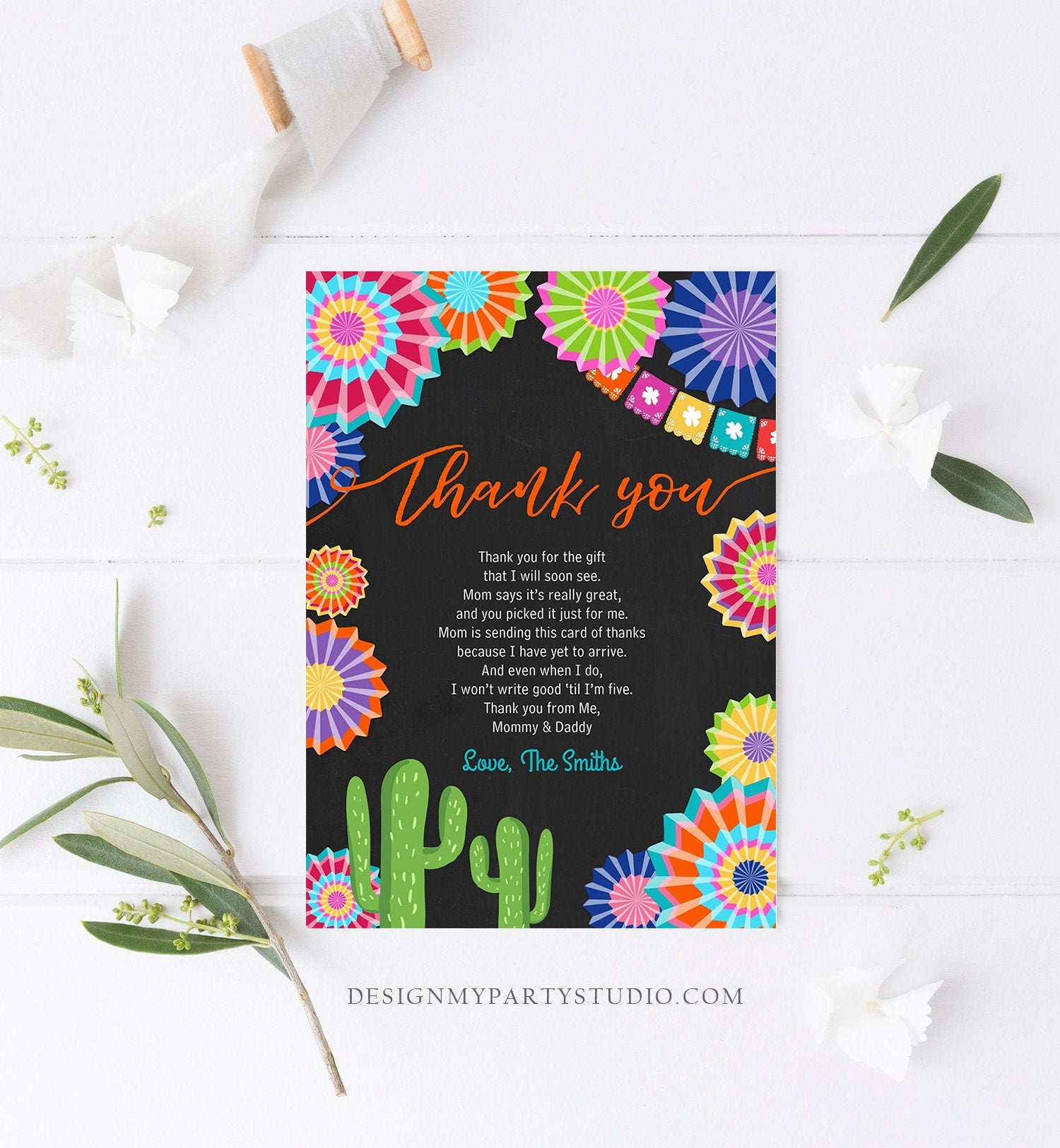 Editable Fiesta Baby Shower Thank You Card Insert Let's Fiesta Mexican Cactus Thank You Note Download Digital Corjl Template Printable 0236