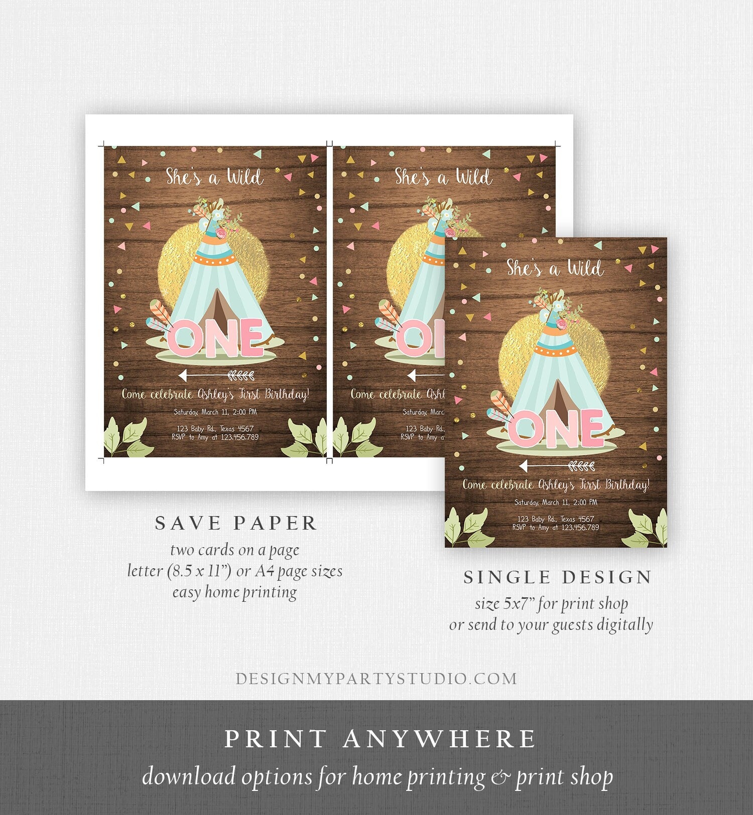 Editable Wild One Birthday Invitation Teepee Boho Tribal First Birthday Girl Pink Gold Teal Digital Download Printable Corjl Template 0092
