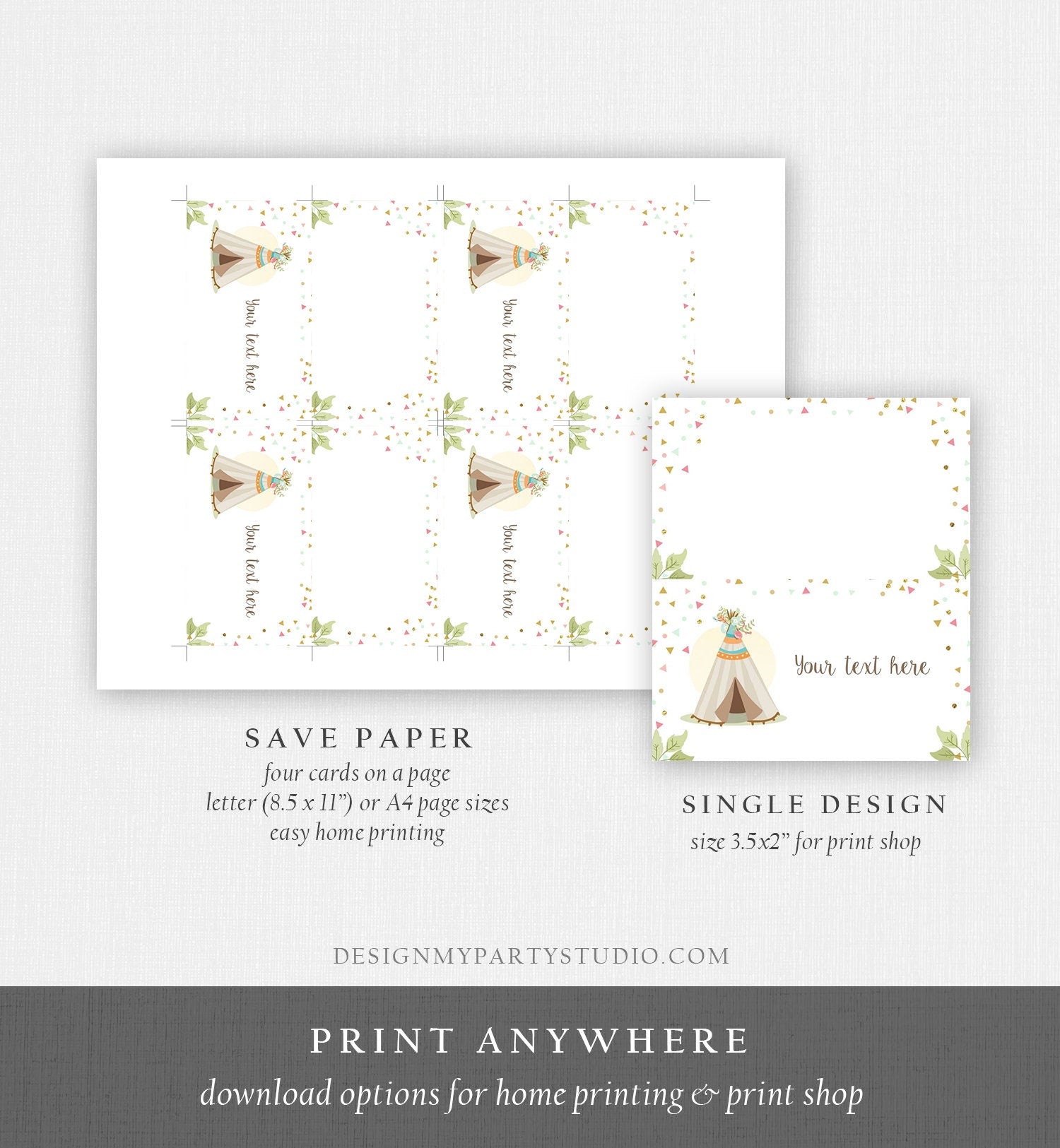 Editable Teepee Food Labels Wild One Place Card Birthday Wild Three Tent Card Tribal Boho Pink Gold Girl Printable Template Corjl 0092