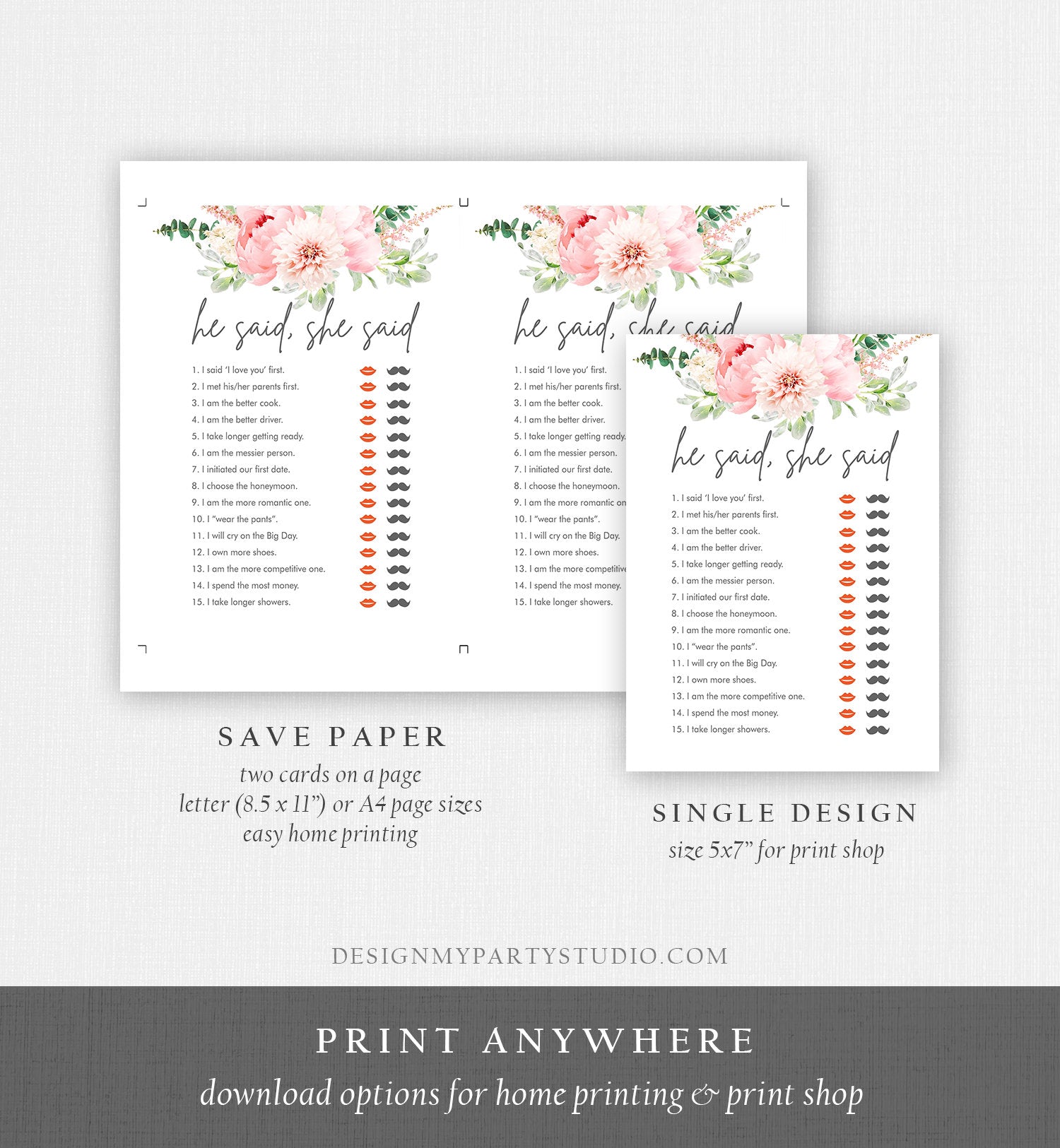 Editable He Said She Said Bridal Shower Game Botanical Flowers Floral Pink Peony Greenery Digital Download Corjl Template Printable 0167