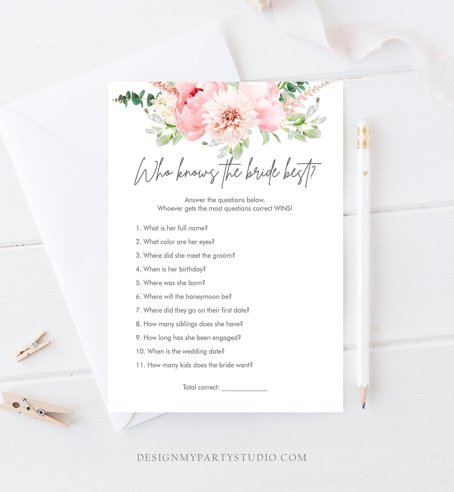Editable Botanical Bridal Shower Game Bundle Set Flowers Floral Game Pink Peony Greenery Digital Download Corjl Template Printable 0167