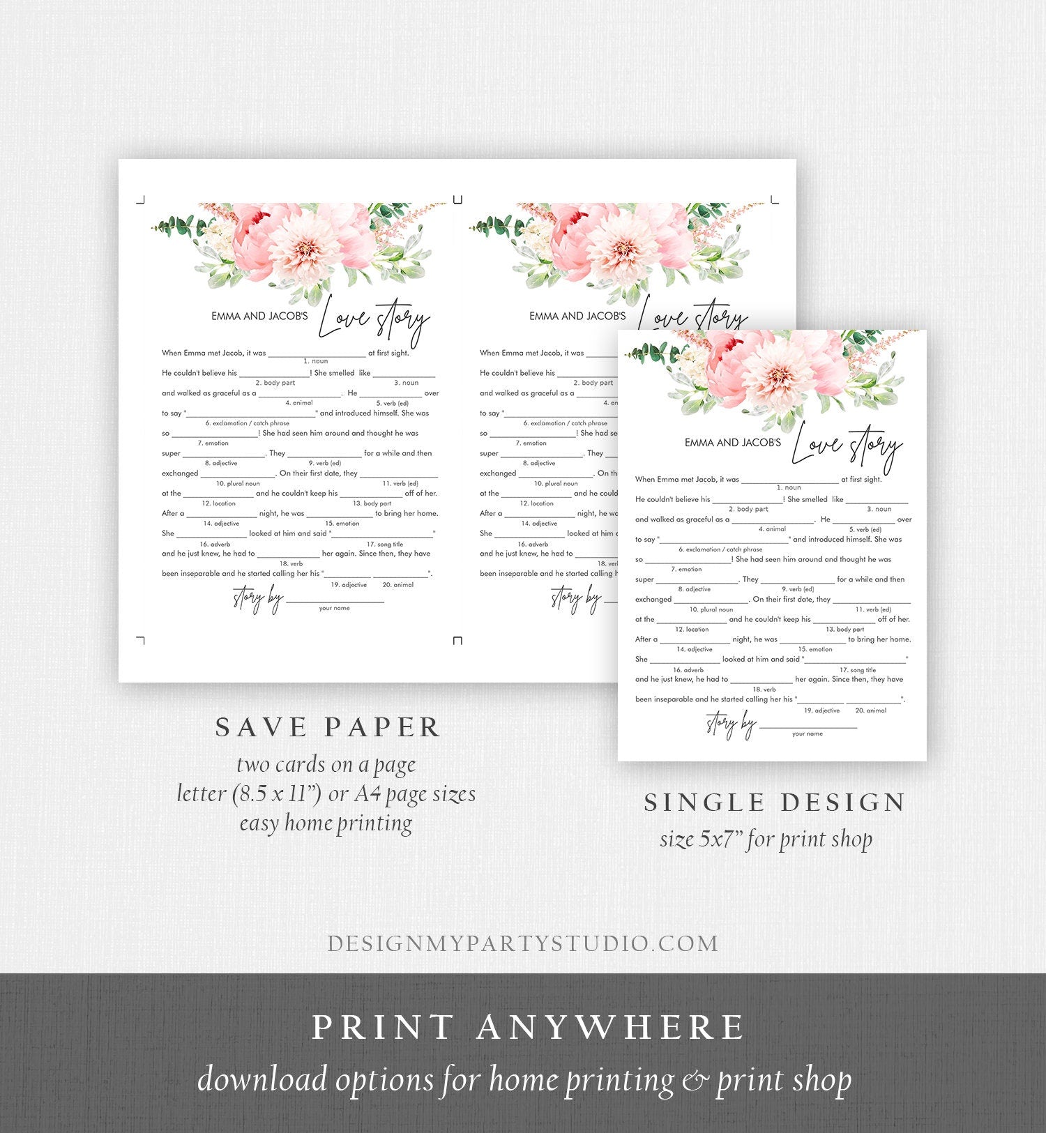 Editable Botanical Bridal Shower Game Bundle Set Flowers Floral Game Pink Peony Greenery Digital Download Corjl Template Printable 0167