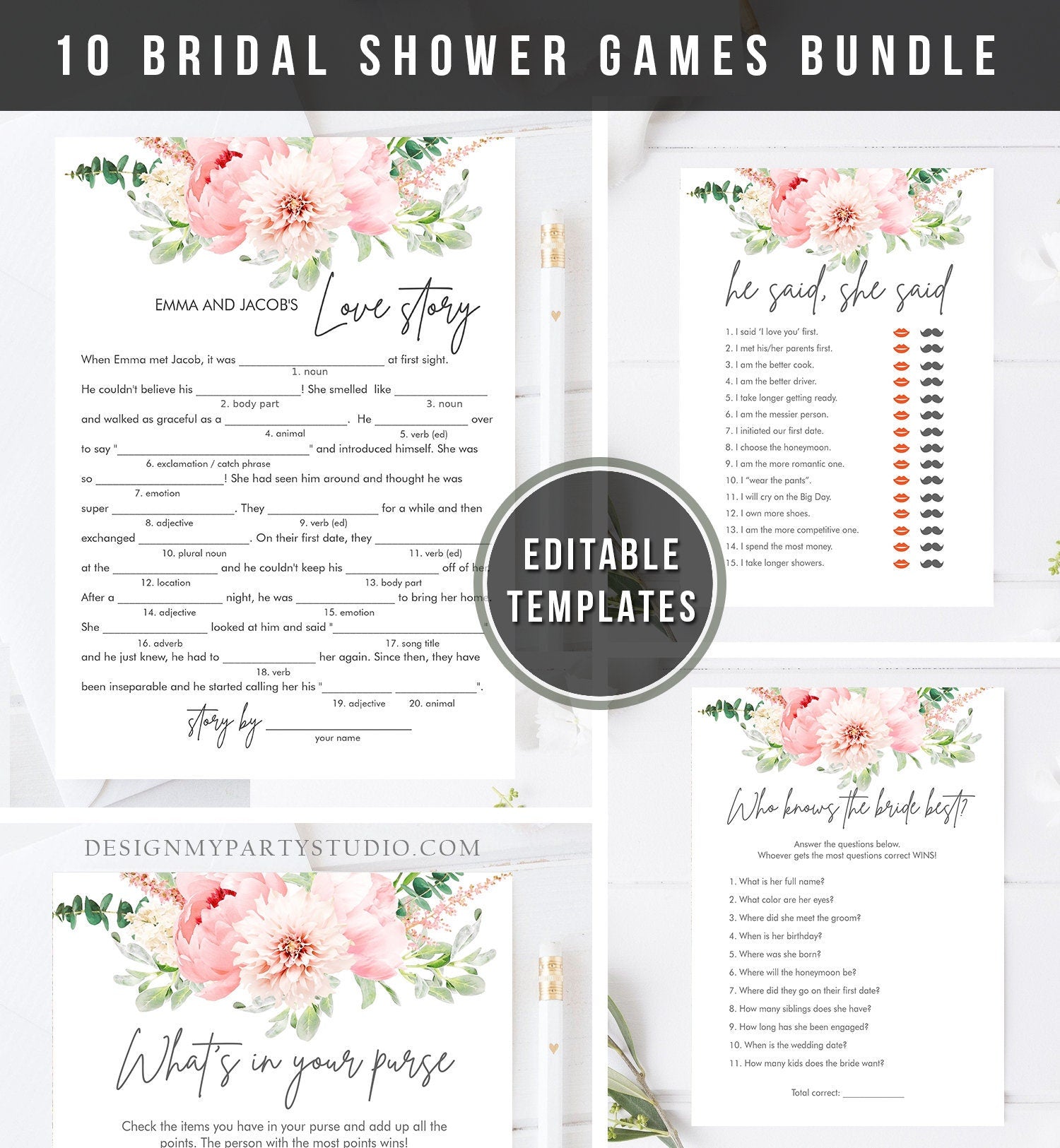 Editable Botanical Bridal Shower Game Bundle Set Flowers Floral Game Pink Peony Greenery Digital Download Corjl Template Printable 0167