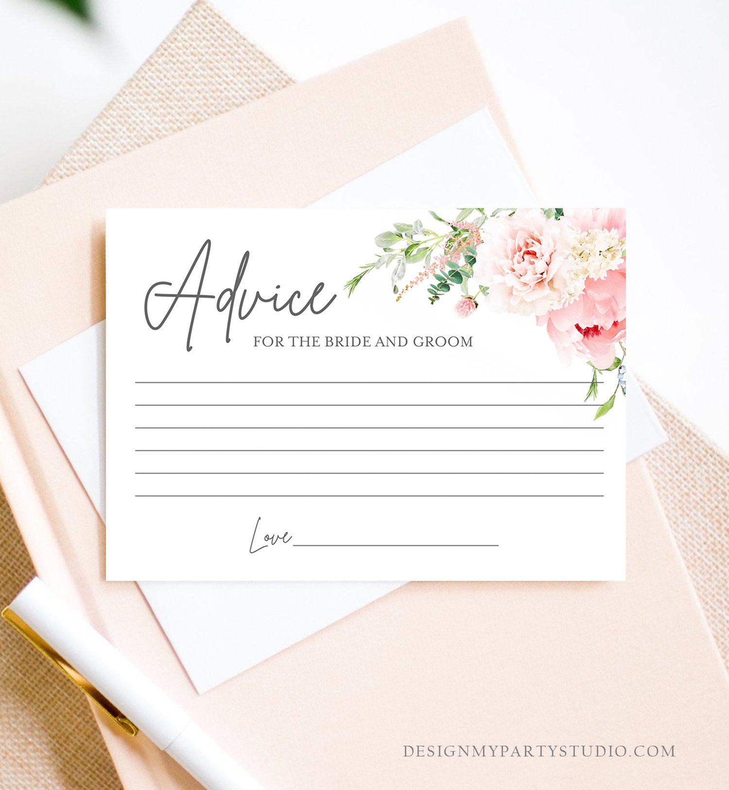 Editable Advice for the Bride-to-Be Card Bridal Shower Words of Wisdom Advice for Bride Game Botanical Flowers Pink Corjl Template 0044