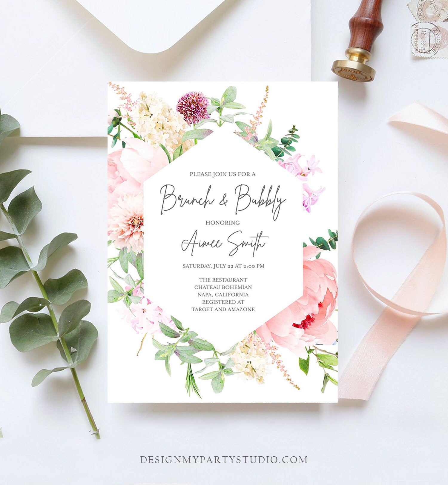 Editable Brunch and Bubbly Bridal Shower Invitation Botanical Flowers Floral Greenery Wedding Pastel Pink Peony Corjl Template 0167
