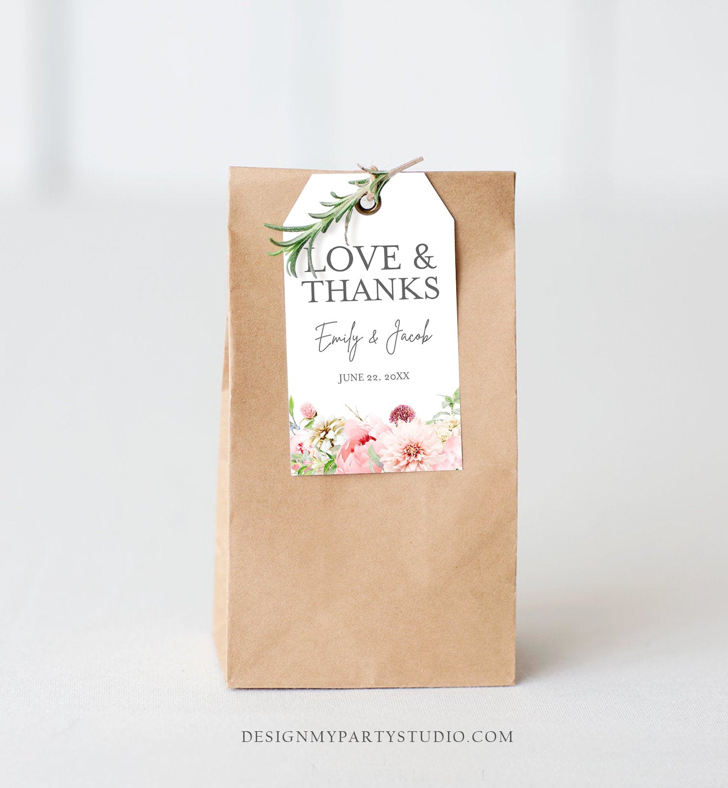 Editable Love and Thanks Favor Tag Botanical Flowers Thank You Tags Bridal Shower Wedding Pink Flowers Peony Corjl Template Printable 0167