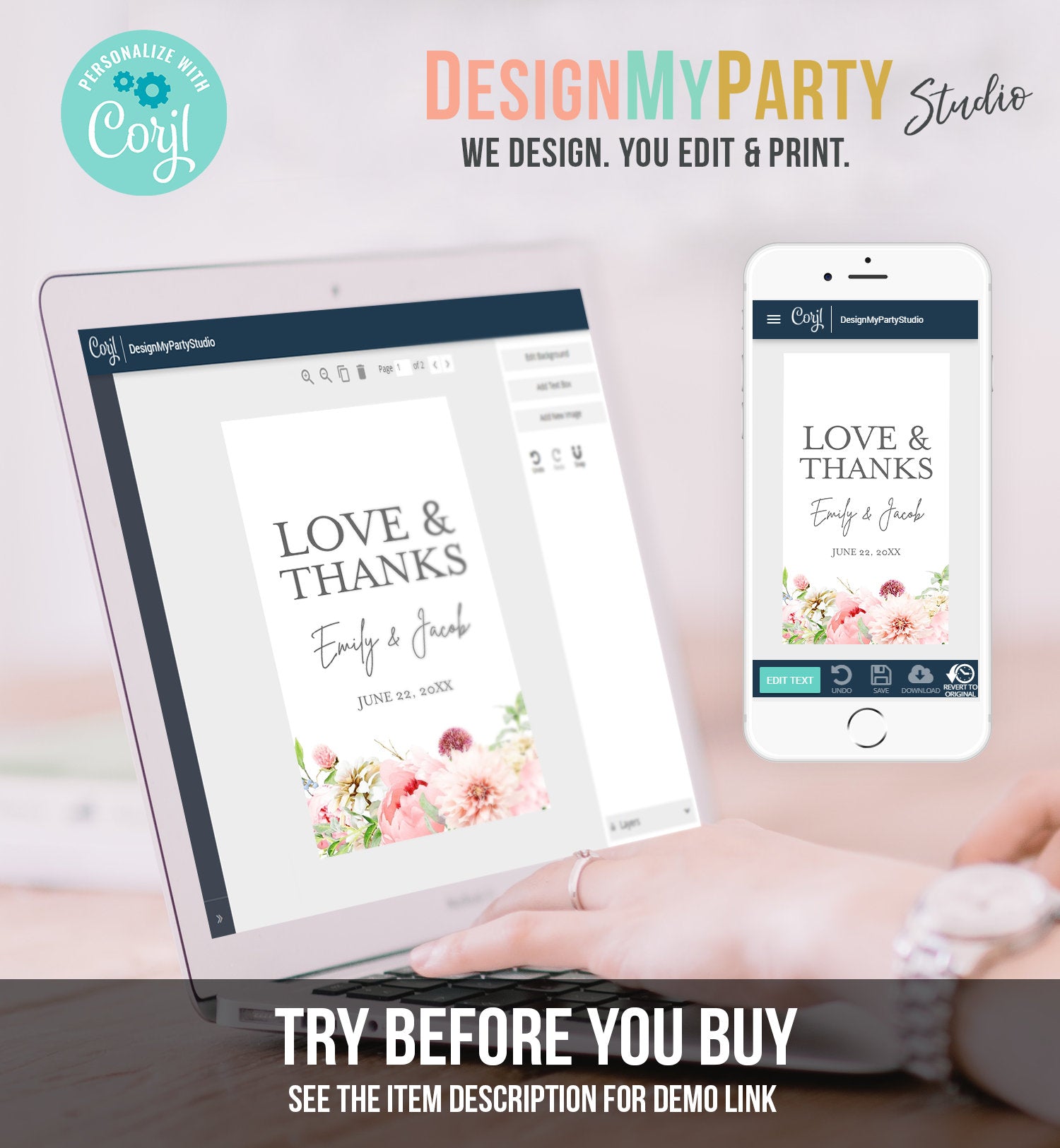 Editable Love and Thanks Favor Tag Botanical Flowers Thank You Tags Bridal Shower Wedding Pink Flowers Peony Corjl Template Printable 0167