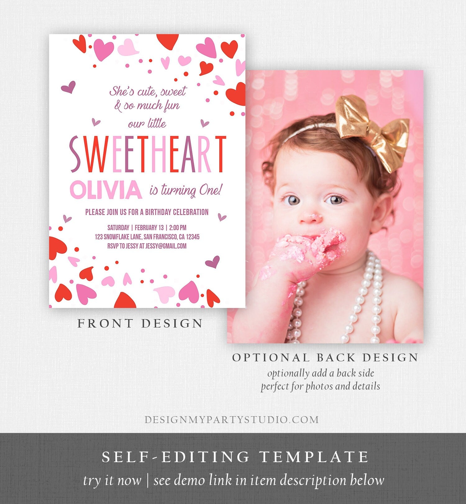 Editable Little Sweetheart Birthday Invitation Valentine Girl Hearts Pink Purple First Birthday 1st Download Corjl Template Printable 0288