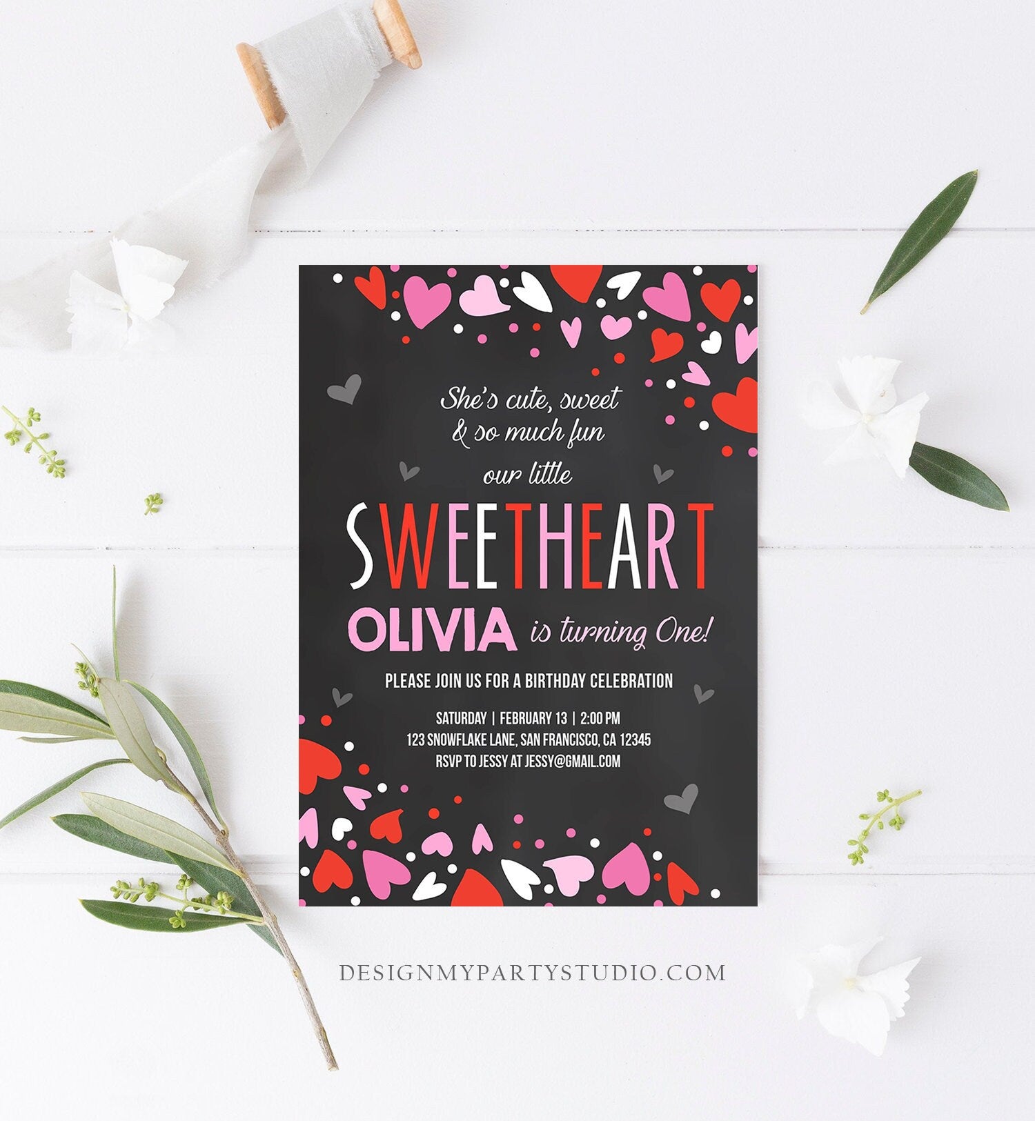 Editable Little Sweetheart Birthday Invitation Valentine Girl Hearts Pink Purple First Birthday 1st Download Corjl Template Printable 0288