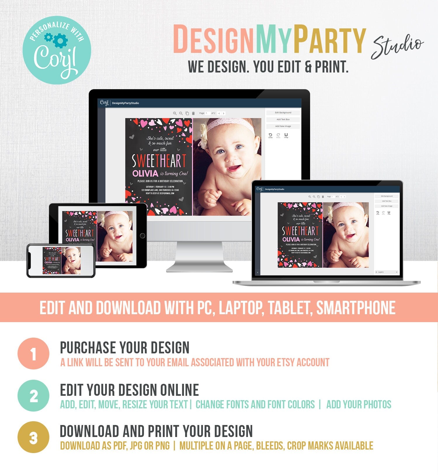 Editable Little Sweetheart Birthday Invitation Valentine Girl Hearts Pink Purple First Birthday 1st Download Corjl Template Printable 0288