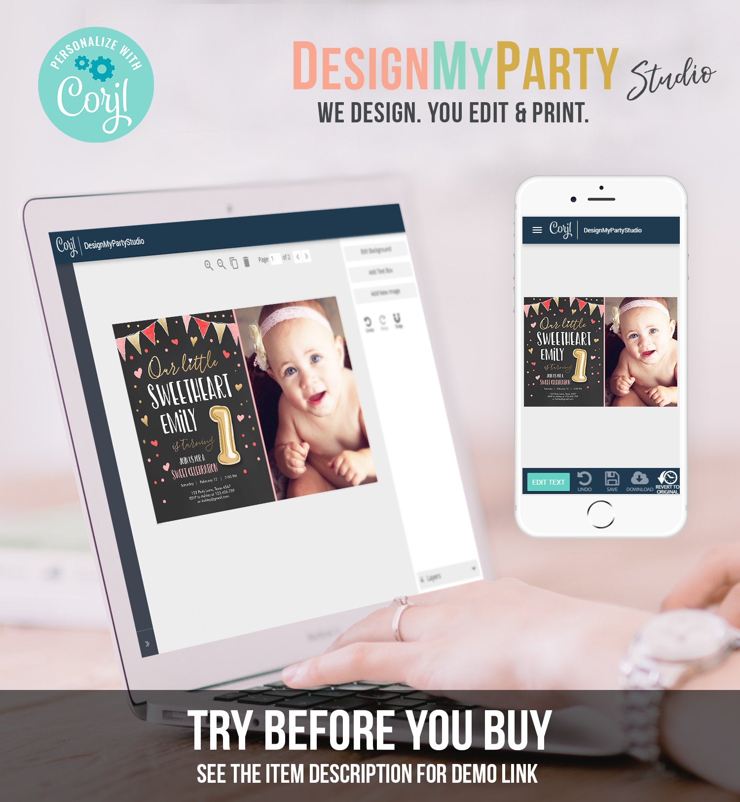 Editable Little Sweetheart Birthday Invitation Valentine Girl Hearts Pink Gold First Birthday 1st Download Corjl Template Printable 0290