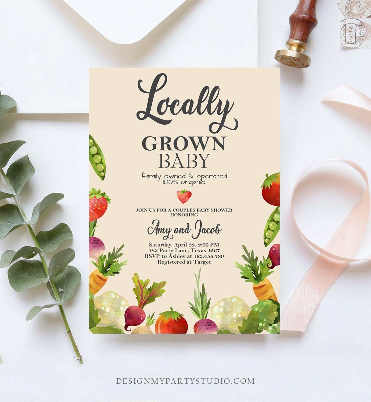 Editable Baby Shower Invitation Locally Grown Farmers Market Baby Shower Couples Vegetable Download Printable Invite Template Corjl 0144