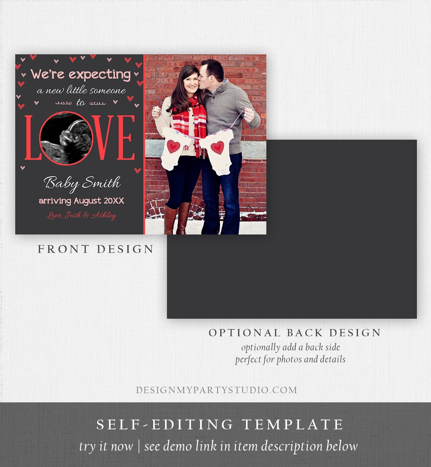 Editable Love Pregnancy Reveal Announcement Valentine Hearts Baby on the Way Pregnant Pink Girl Download Corjl Template Printable 0291