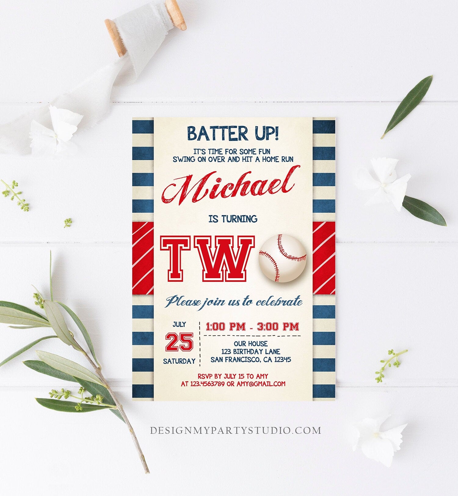 Editable Baseball 2nd Birthday Invitation Boy Little Slugger Rookie of The Year Download Printable Invitation Template Digital Corjl 0069