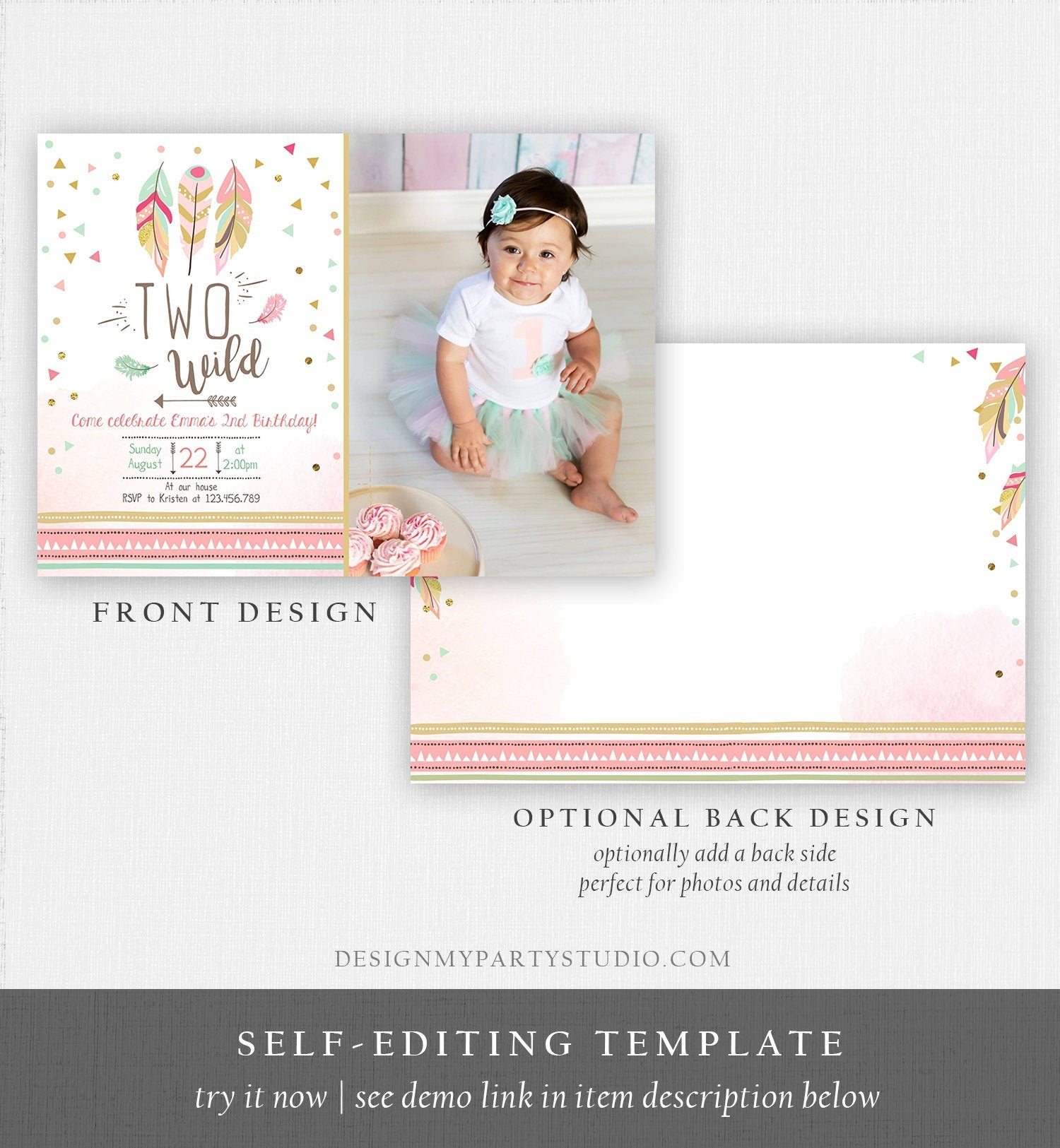 Editable Two Wild Birthday Invitation Feathers Tribal Girl Pink Boho Arrow Coral Mint Instant Download Printable Corjl Template Digital 0073