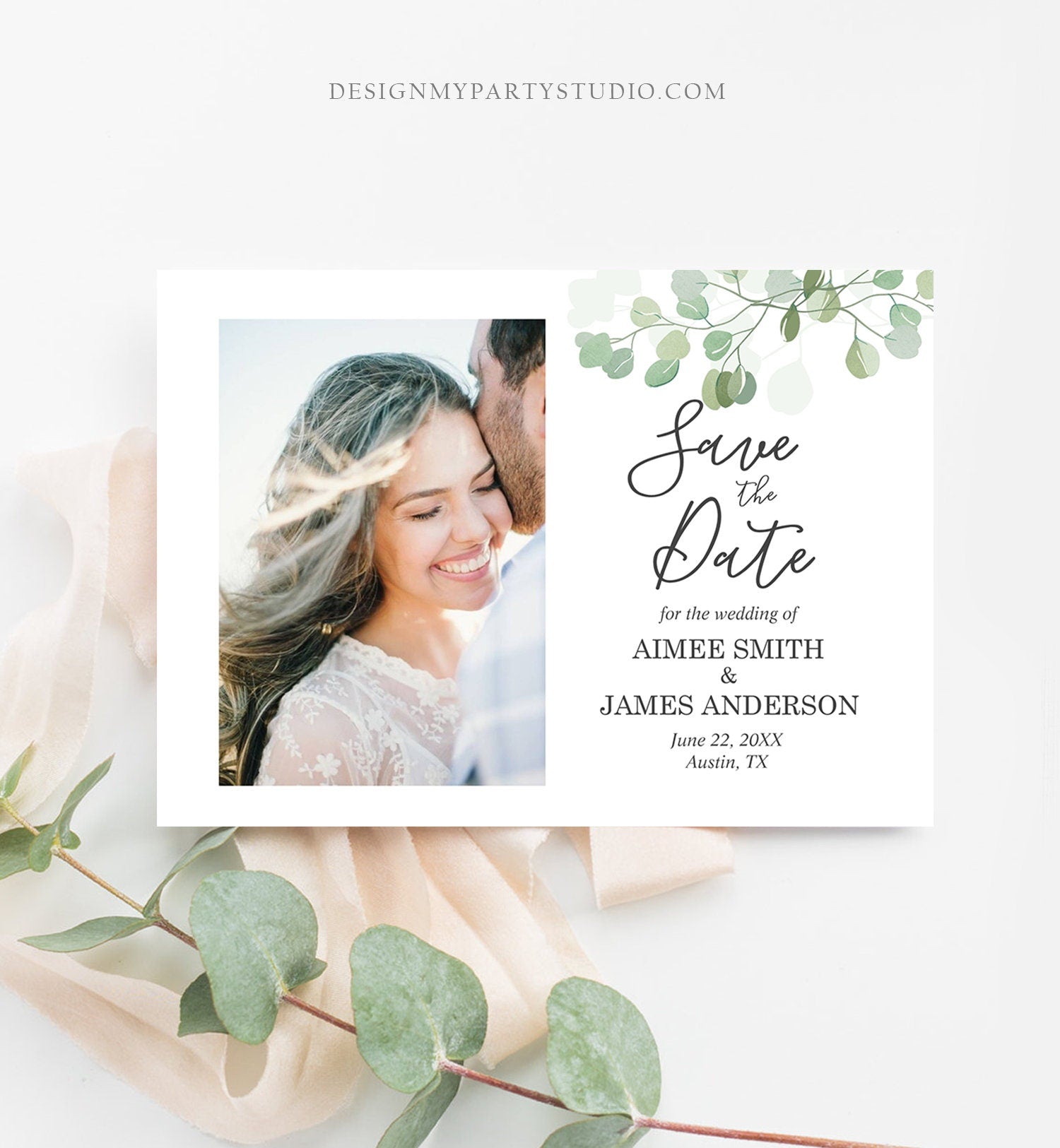 Editable Eucalyptus Save the Date Postcard Wedding Photo Card Wedding Date Greenery Bohemian Instant Download Printable Template Corjl 0029