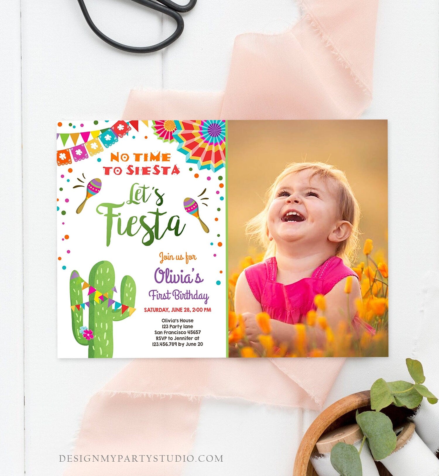 Editable Let's Fiesta Birthday Invitation No Time To Siesta Girl Cactus Samba Confetti First Birthday Photo Corjl Template Printable 0045
